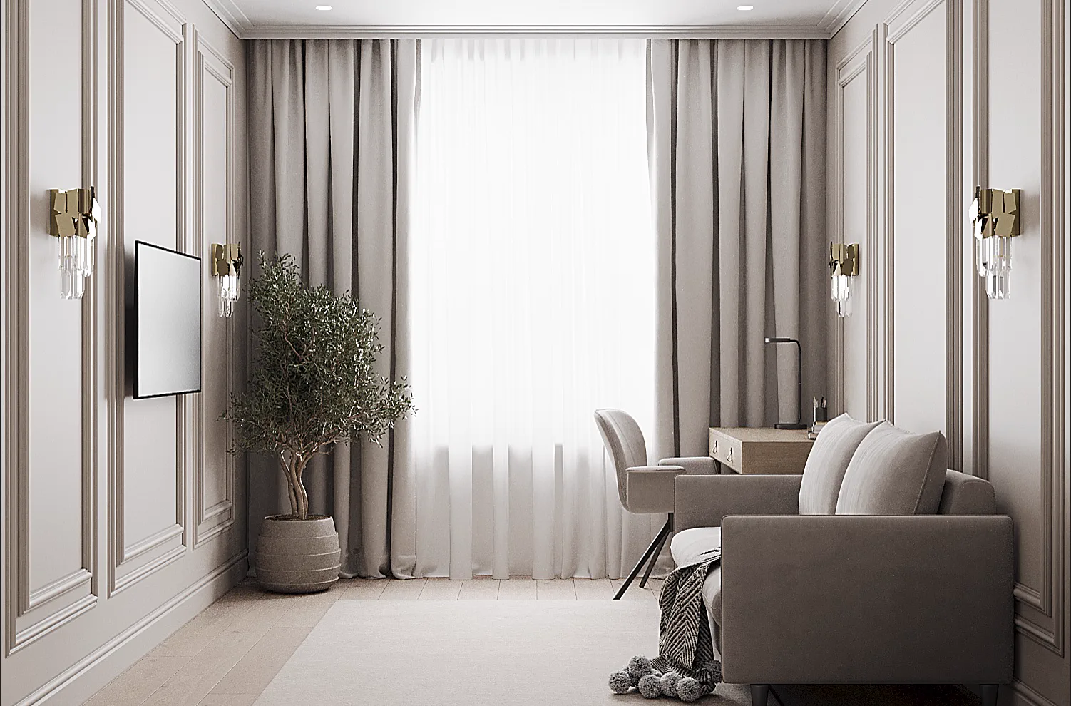 Life Varshavskaya apartment, bedroom lounge corner with armchair and window, مجمع Life Varshavskaya، موسكو، روسيا