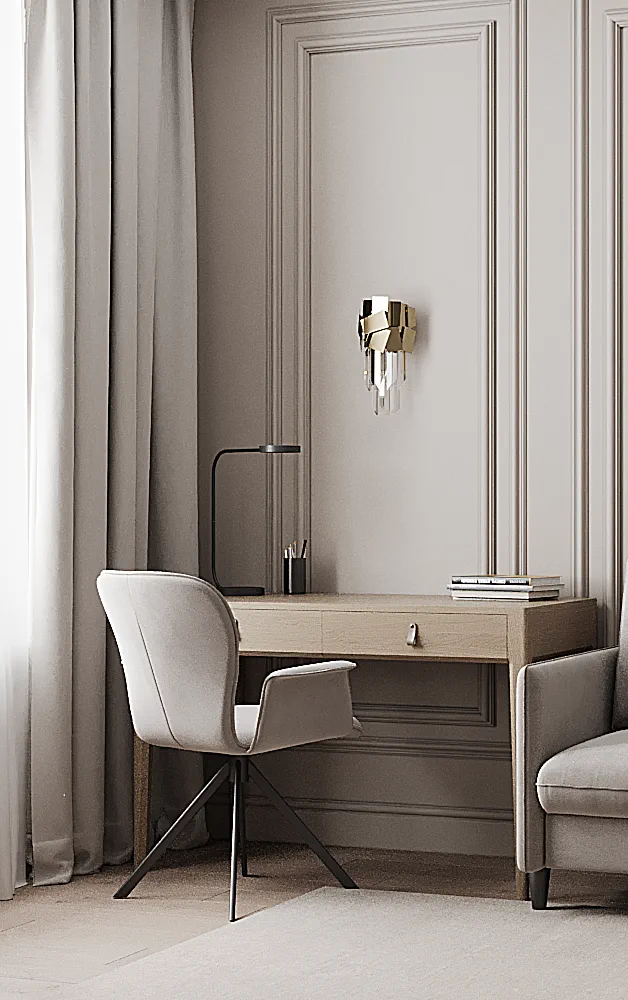 Life Varshavskaya apartment, bedroom workspace and vanity detail, مجمع Life Varshavskaya، موسكو، روسيا