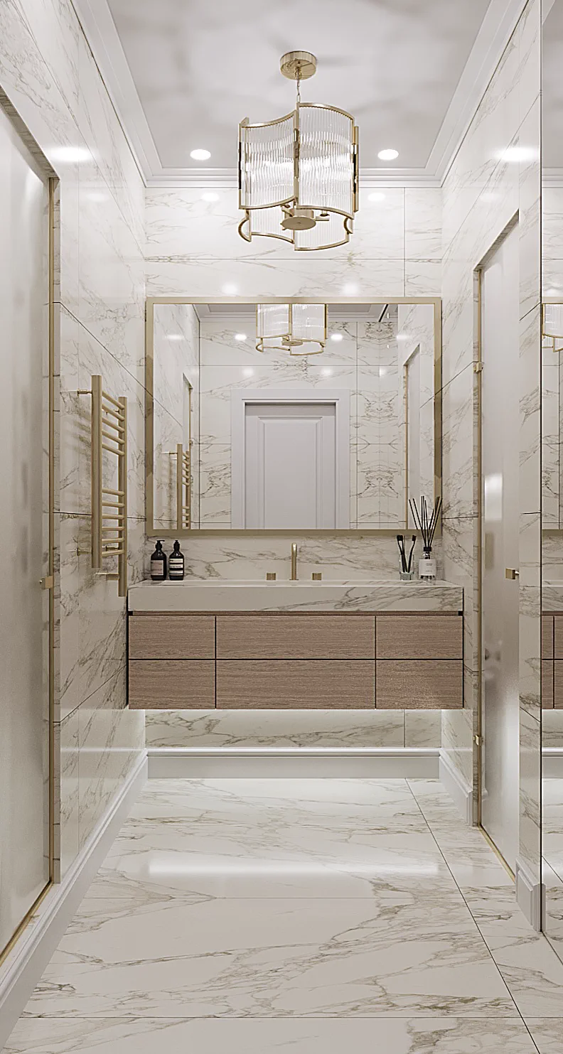 Life Varshavskaya apartment, light bathroom vanity with marble wall and brass rail, مجمع Life Varshavskaya، موسكو، روسيا