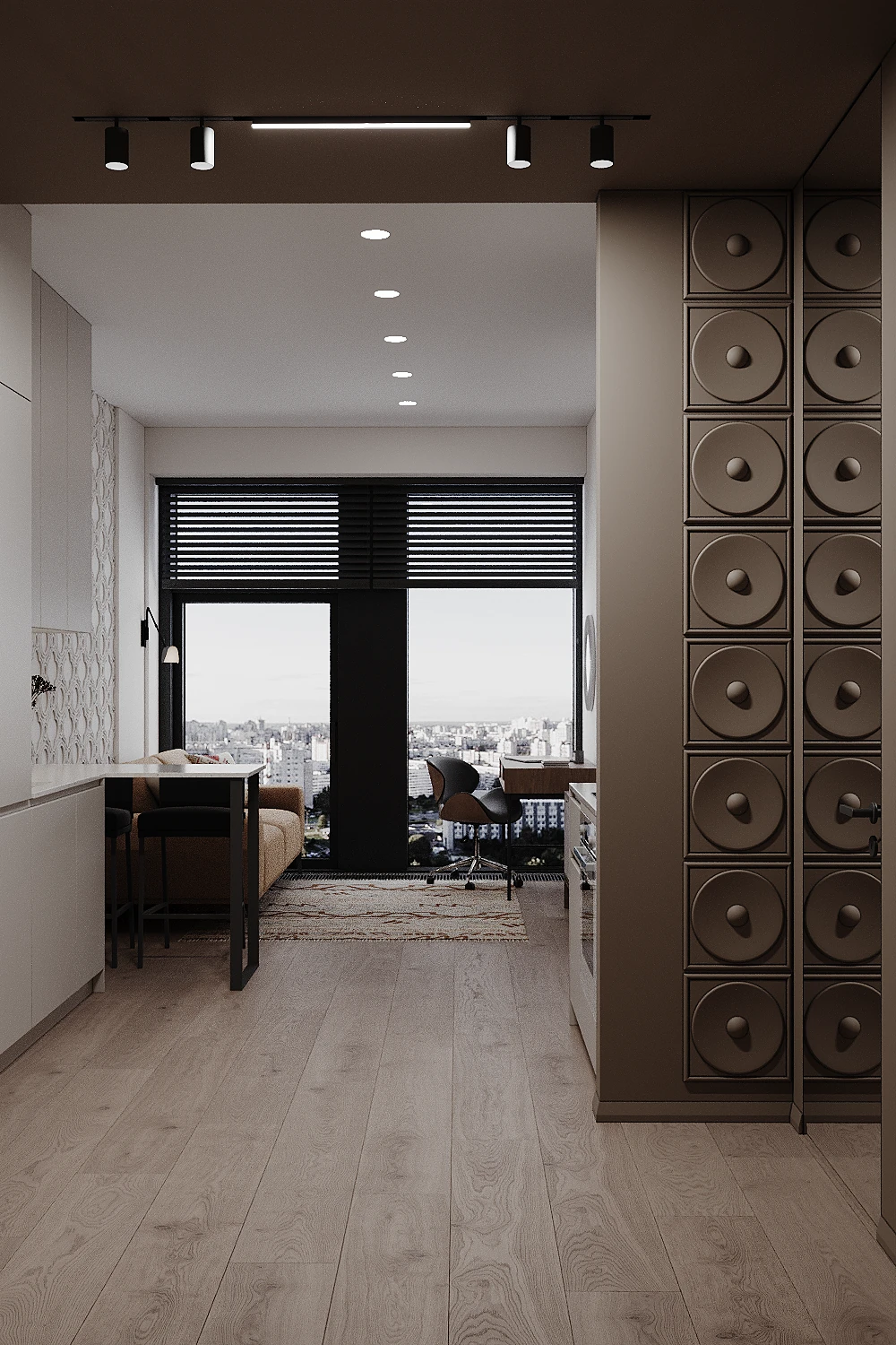 MOD apartment, entry corridor with desk by the window, ЖК MOD, Москва, Россия