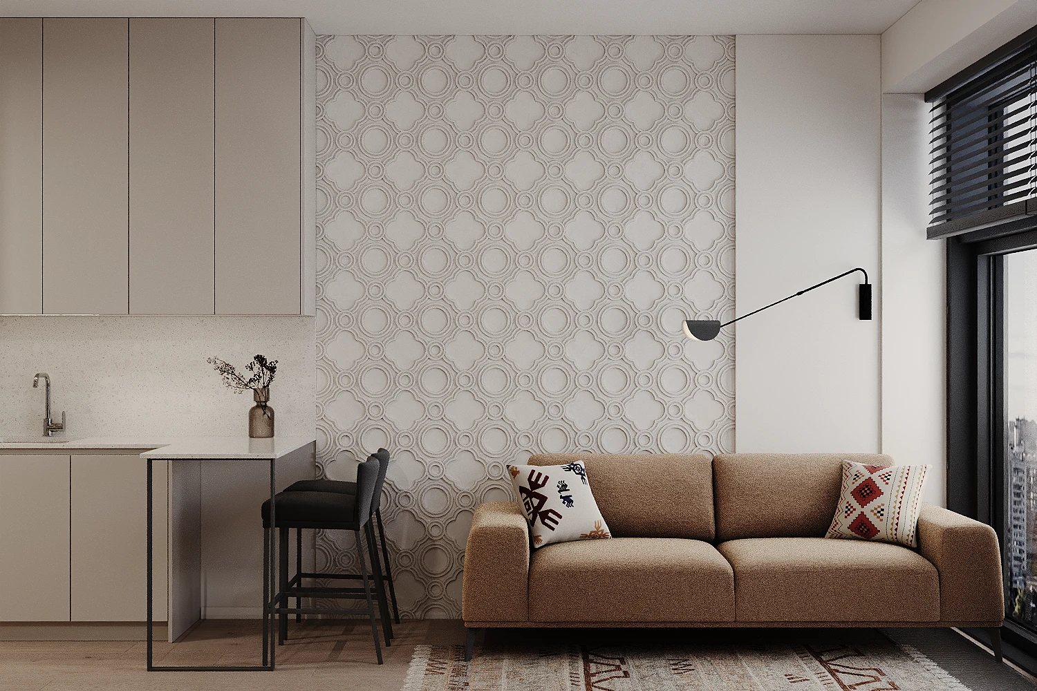 MOD apartment, living corner with compact sofa and workspace niche, ЖК MOD, Москва, Россия