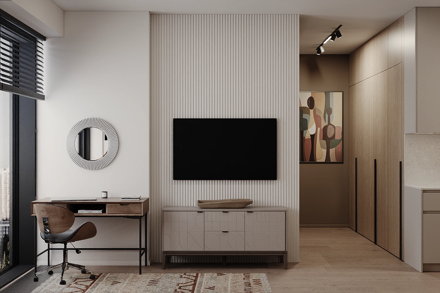 MOD apartment, living room with sofa and TV wall in warm neutral tones, ЖК MOD, Москва, Россия