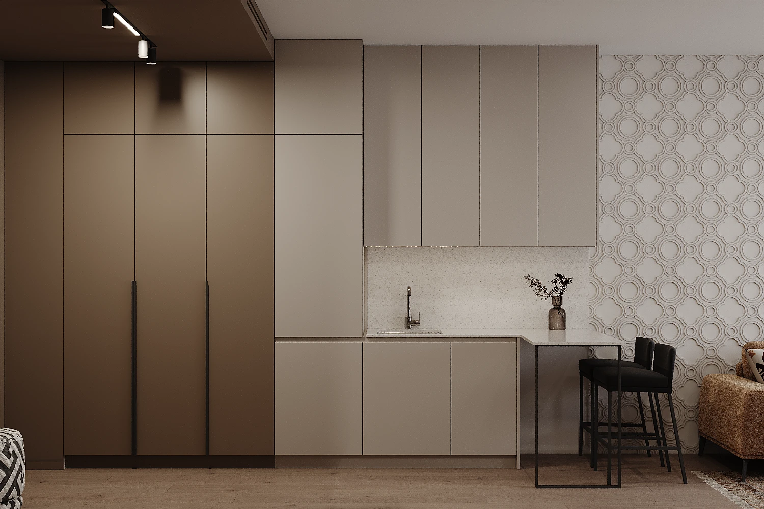 MOD apartment, open-plan view from living area toward kitchen and hallway, ЖК MOD, Москва, Россия