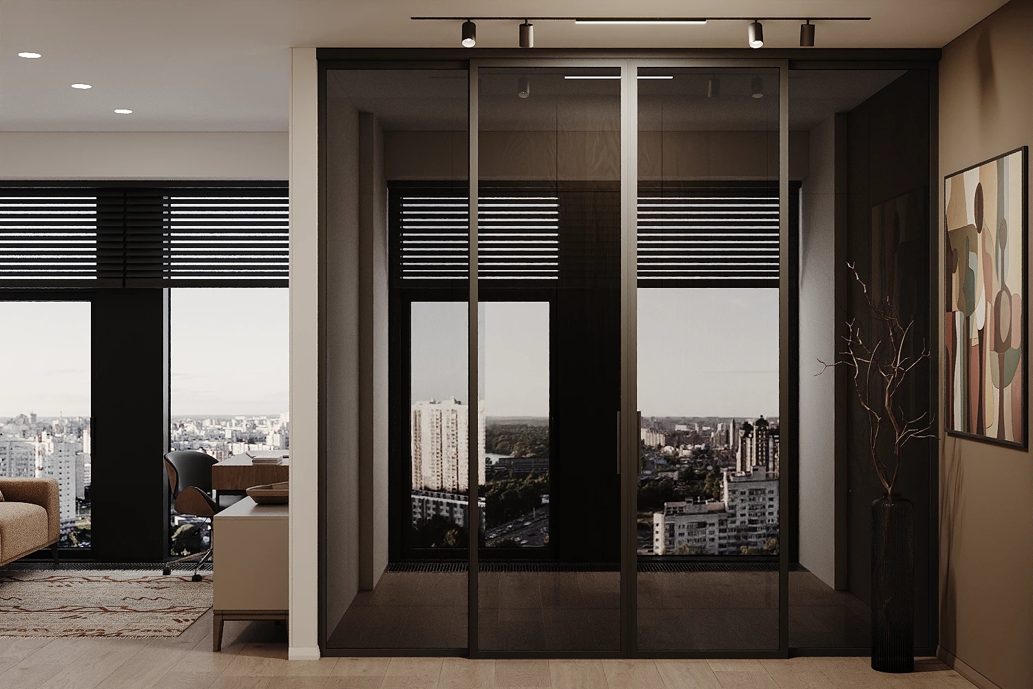 MOD apartment, bedroom view toward window and glass wardrobe, ЖК MOD, Москва, Россия