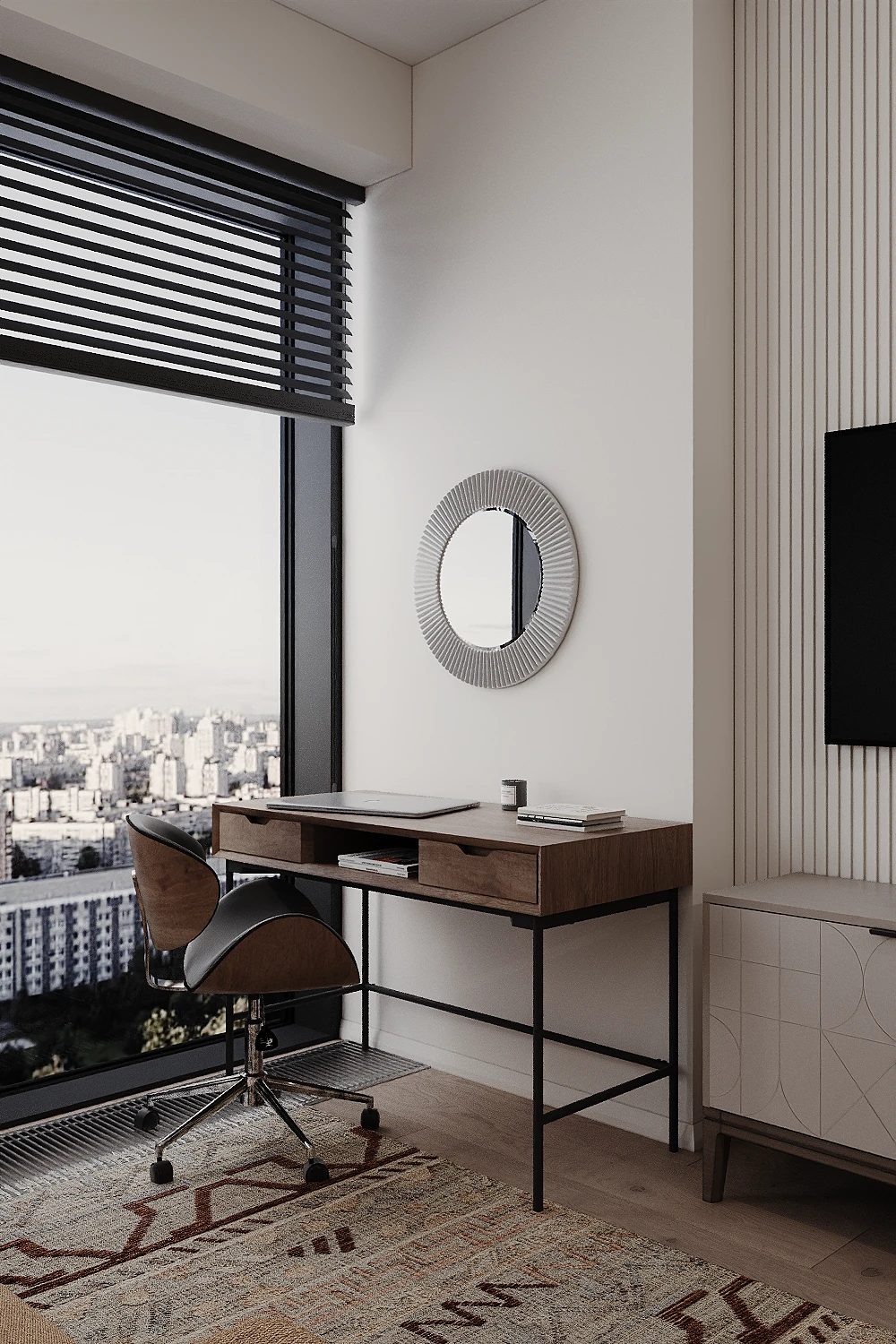 MOD apartment, bedroom desk area with mirror and city view, ЖК MOD, Москва, Россия