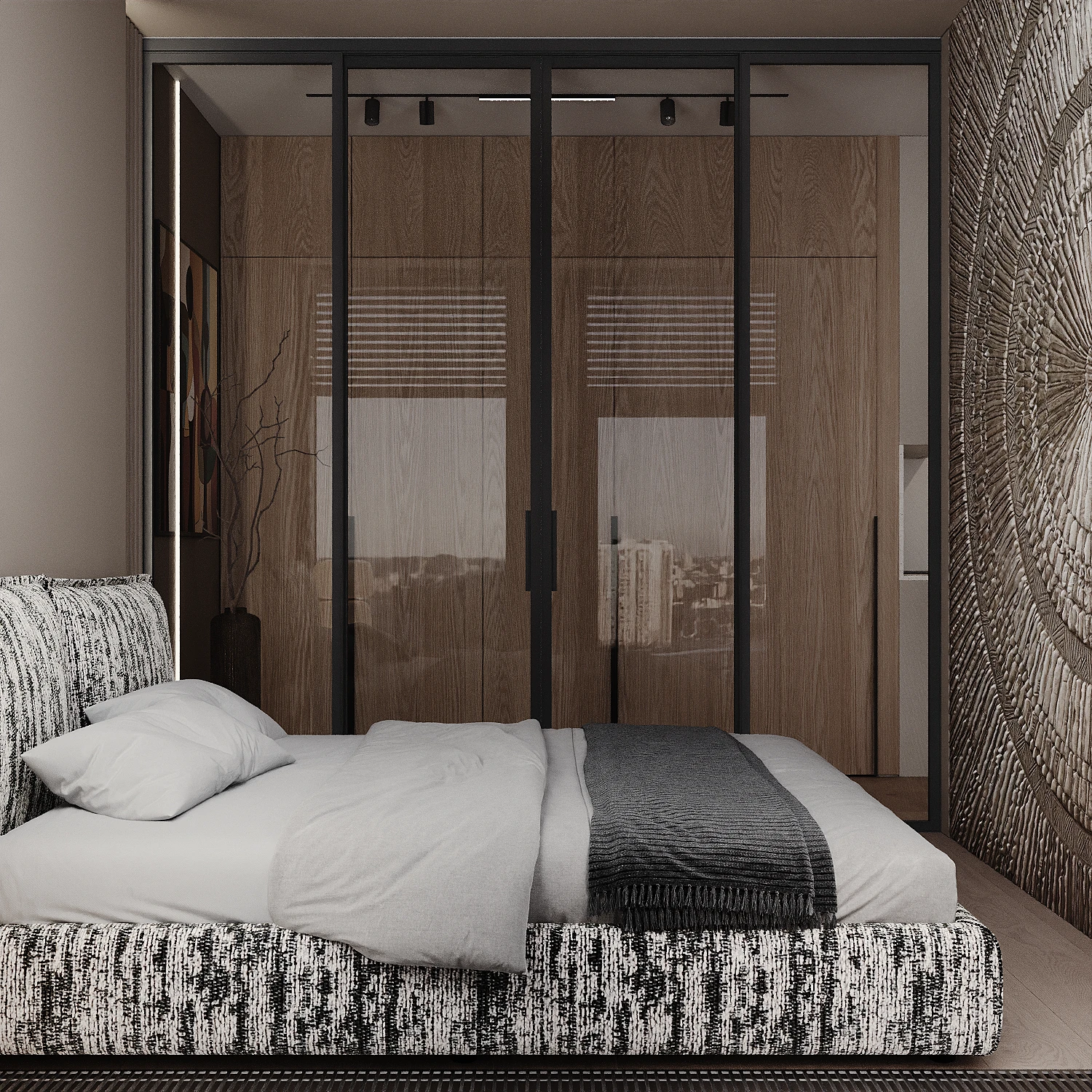 MOD apartment, master bedroom with upholstered headboard and wardrobe, ЖК MOD, Москва, Россия
