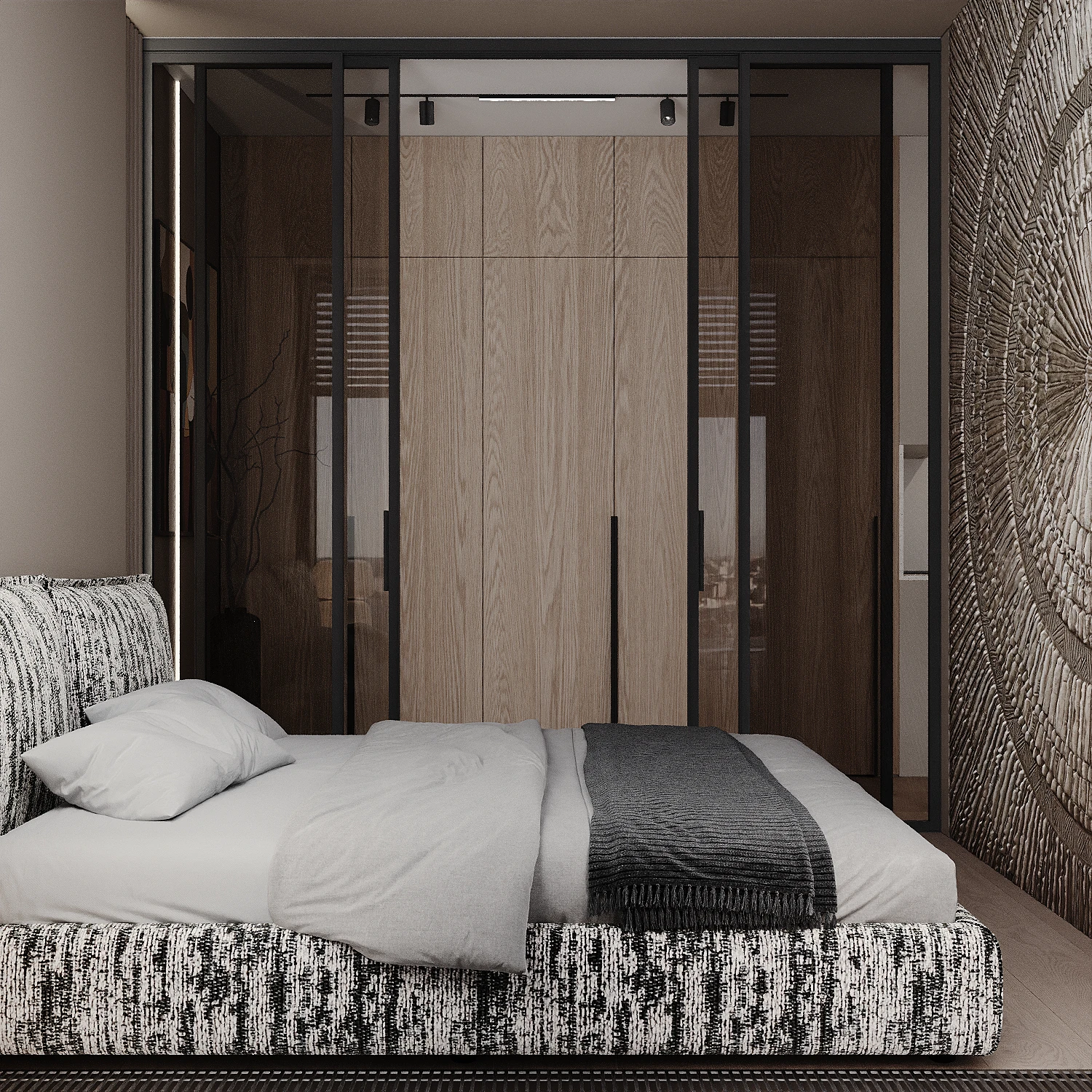 MOD apartment, bathroom shower zone with glass partition and stone textures, مجمع MOD، موسكو، روسيا
