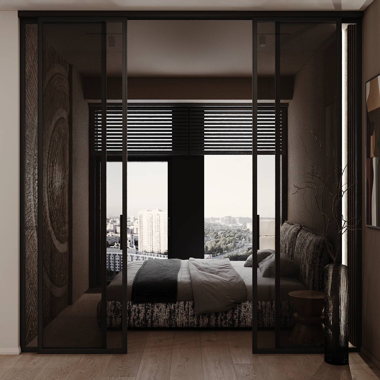 MOD apartment, master bedroom with panoramic window and dark accents, ЖК MOD, Москва, Россия