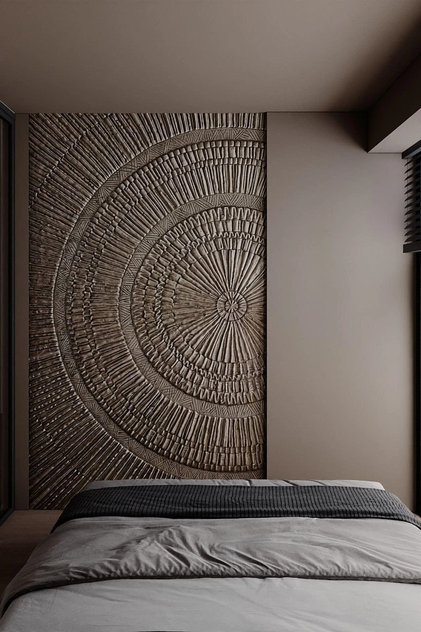 MOD apartment, bedroom wall art detail with radial textured pattern, ЖК MOD, Москва, Россия