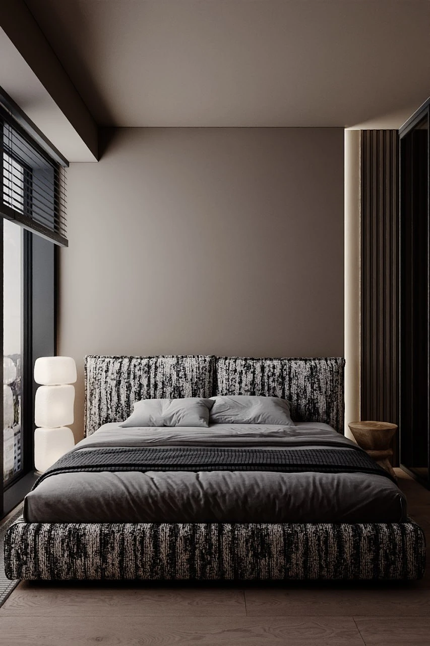 MOD apartment, bedroom side view with upholstered headboard, ЖК MOD, Москва, Россия