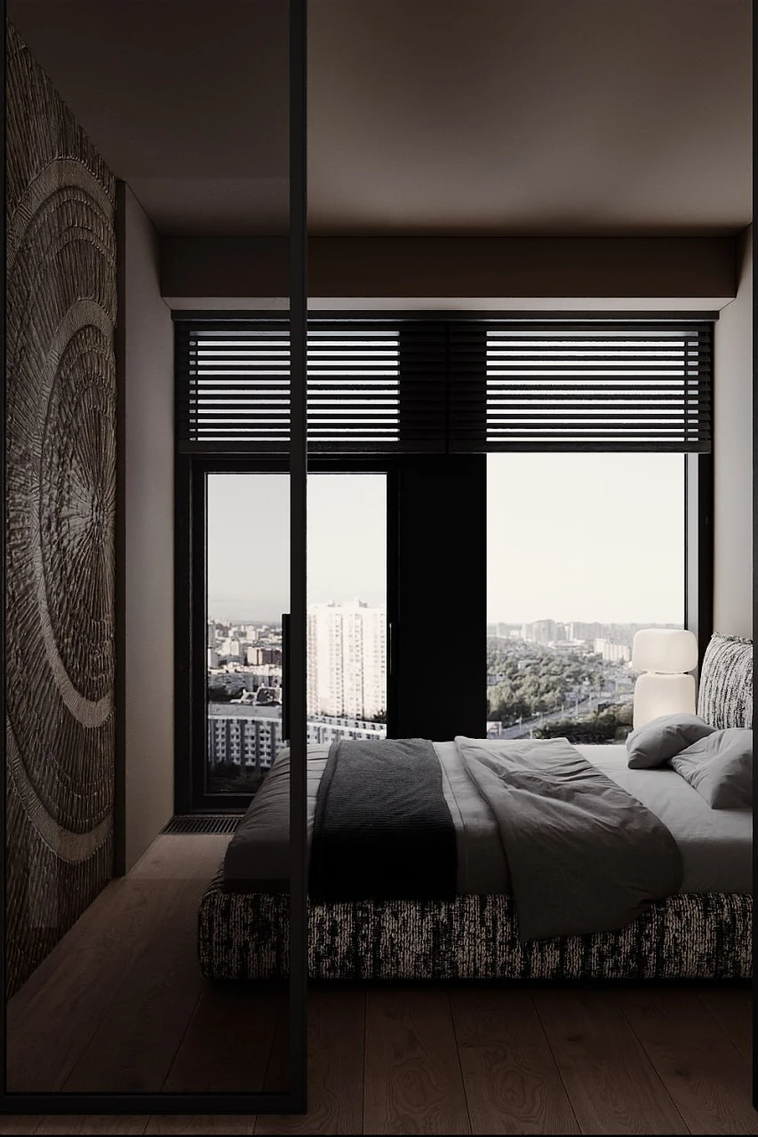 MOD apartment, bedroom view to window with skyline beyond, ЖК MOD, Москва, Россия