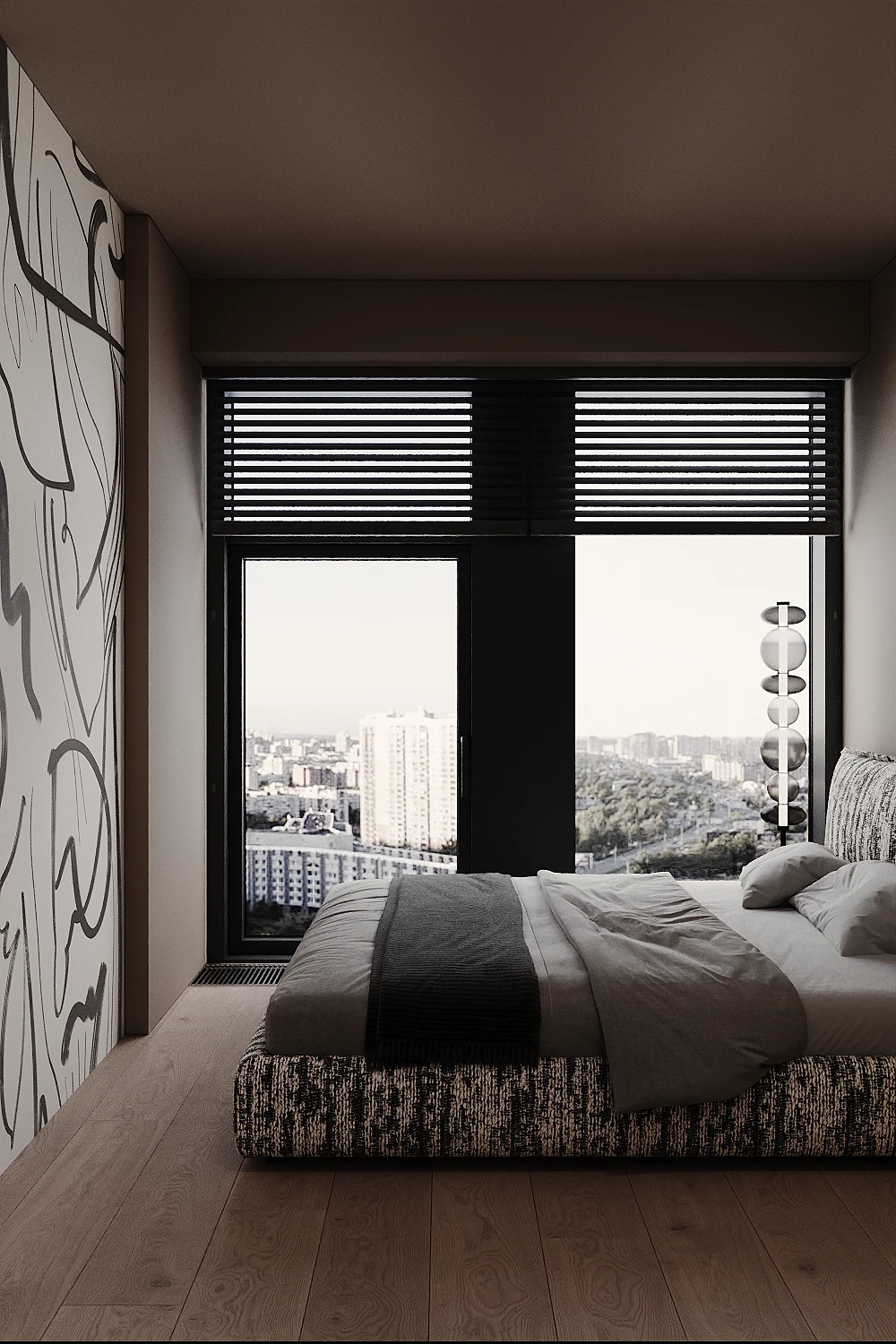 MOD apartment, bedroom window detail with skyline and soft textiles, ЖК MOD, Москва, Россия