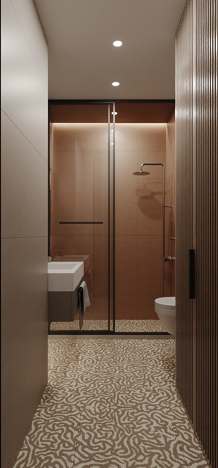 MOD apartment, bathroom with shower niche and warm wood accents, ЖК MOD, Москва, Россия