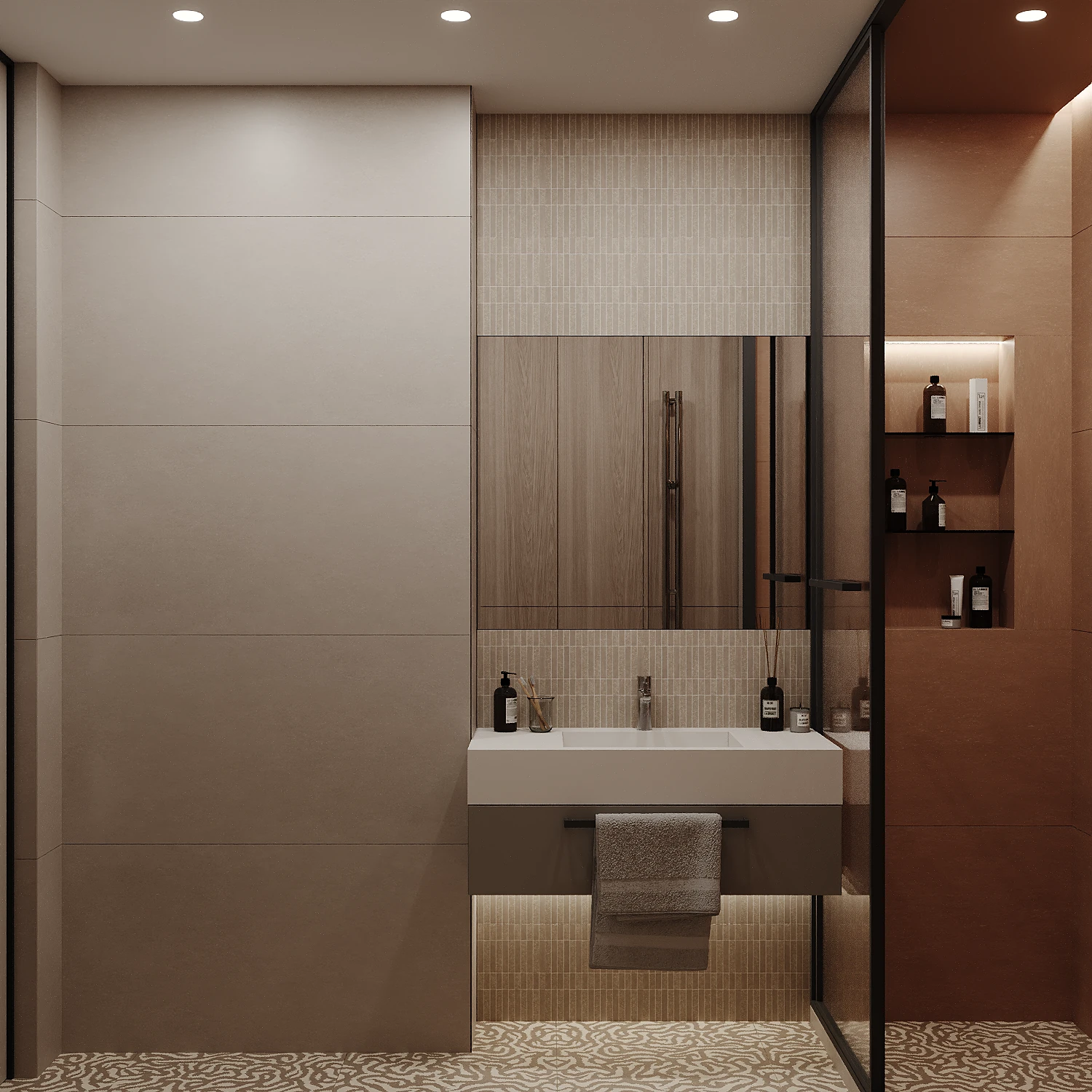 MOD apartment, bathroom vanity and shower composition with warm lighting, ЖК MOD, Москва, Россия