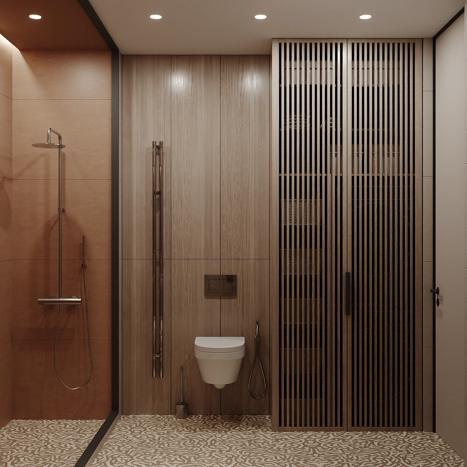 MOD apartment, bathroom shower zone with glass partition and stone textures, ЖК MOD, Москва, Россия