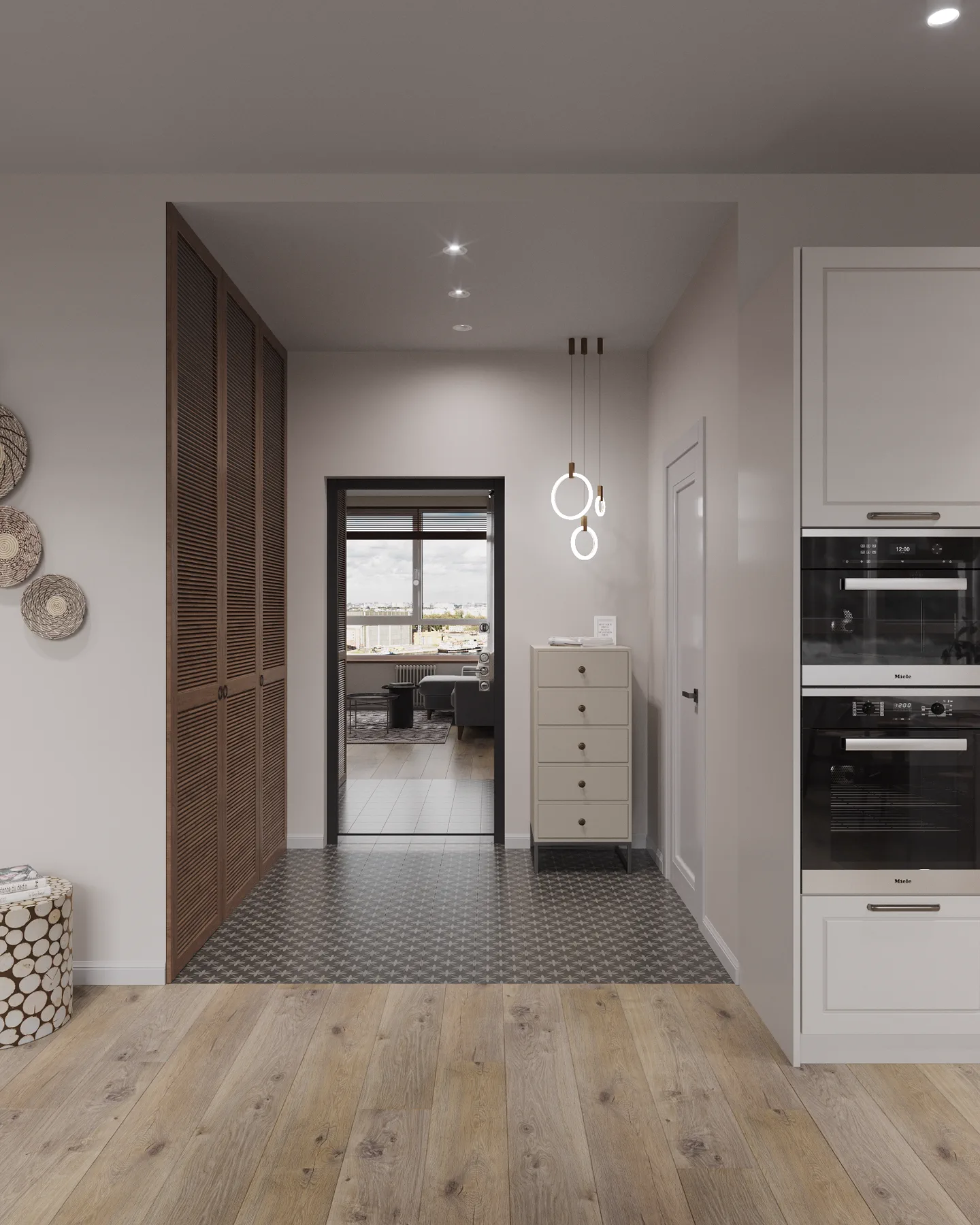 Symbol Bali apartment, entry corridor with built-in wardrobes and view toward the kitchen, ЖК «Символ», Москва, Россия