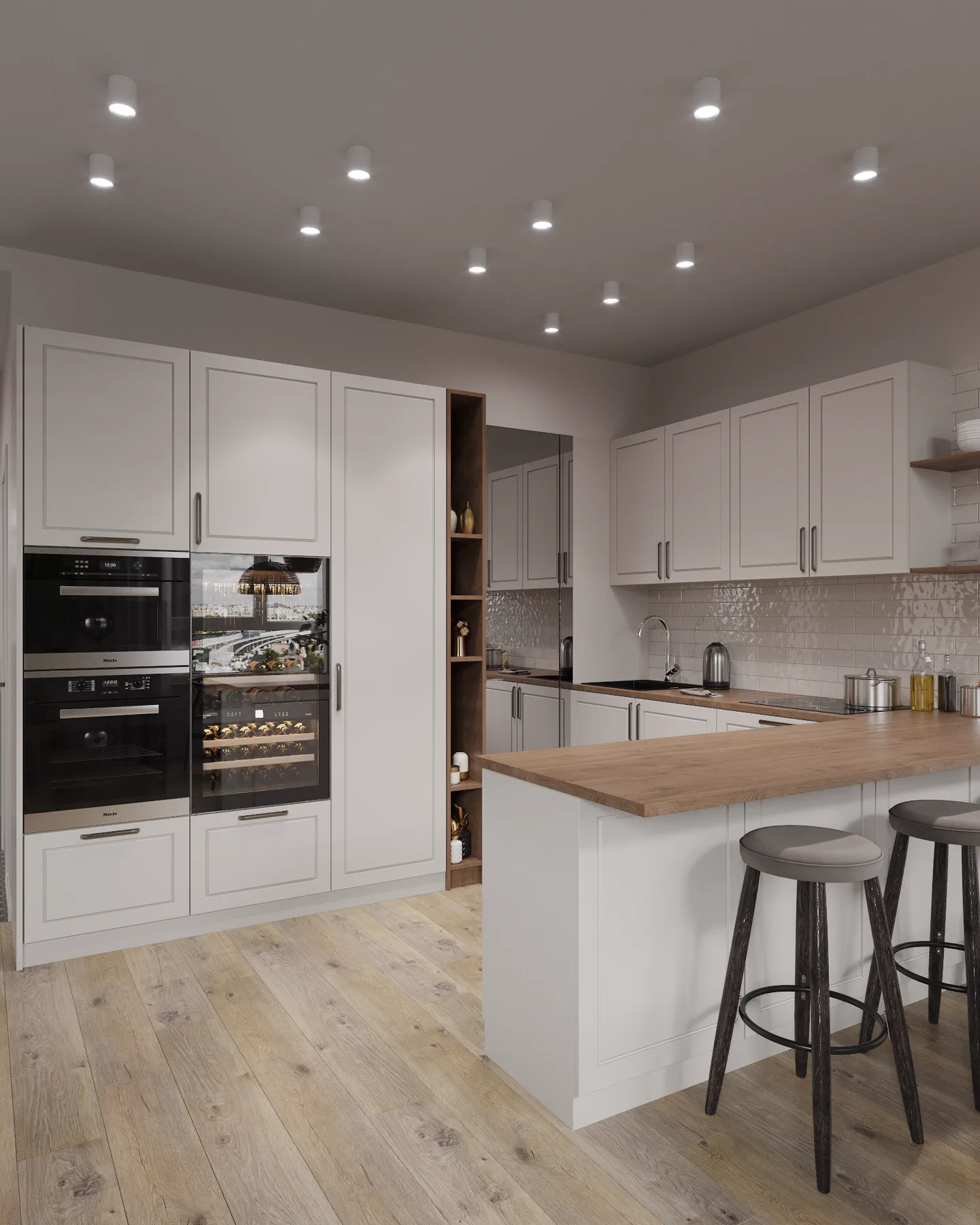 Symbol Bali apartment, kitchen with white cabinetry, wood countertop and built-in ovens, ЖК «Символ», Москва, Россия