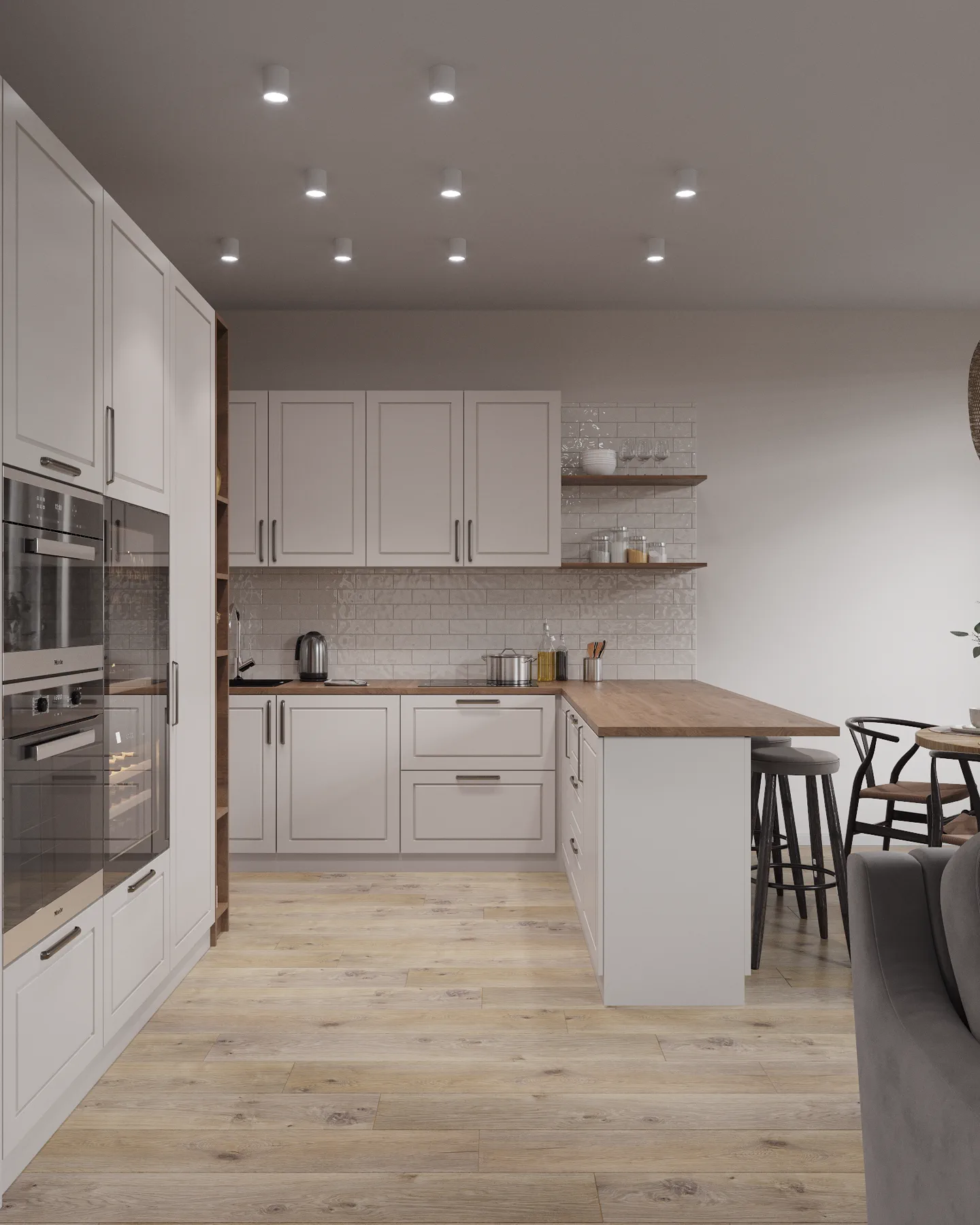 Symbol Bali apartment, kitchen viewed from the living area with island and breakfast seating, ЖК «Символ», Москва, Россия