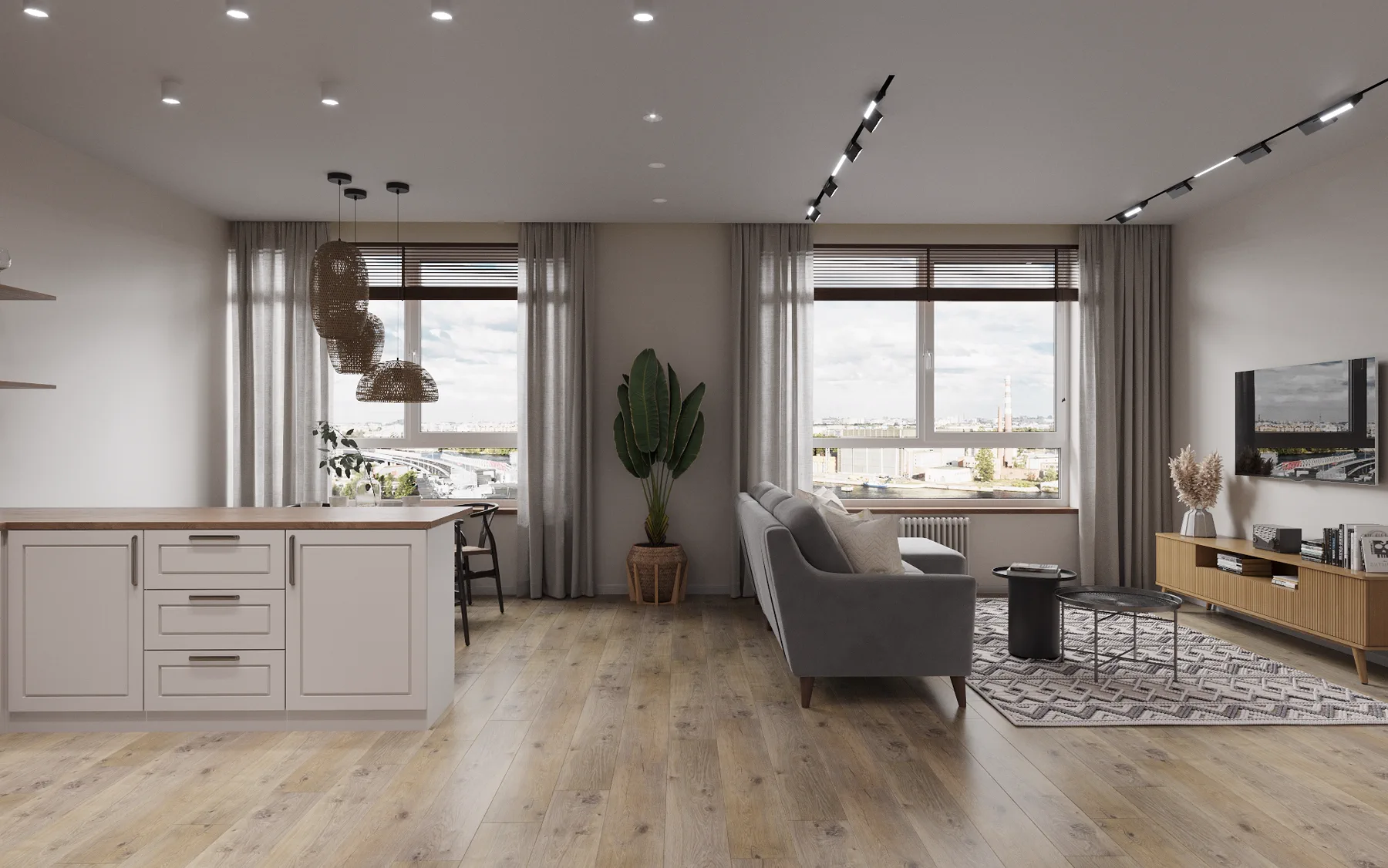 Symbol Bali apartment, living room with TV console, lounge chair and wide window, ЖК «Символ», Москва, Россия