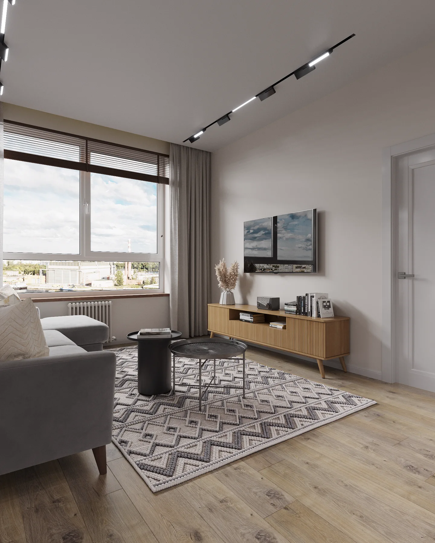 Symbol Bali apartment, living area with TV wall and soft neutral palette, ЖК «Символ», Москва, Россия