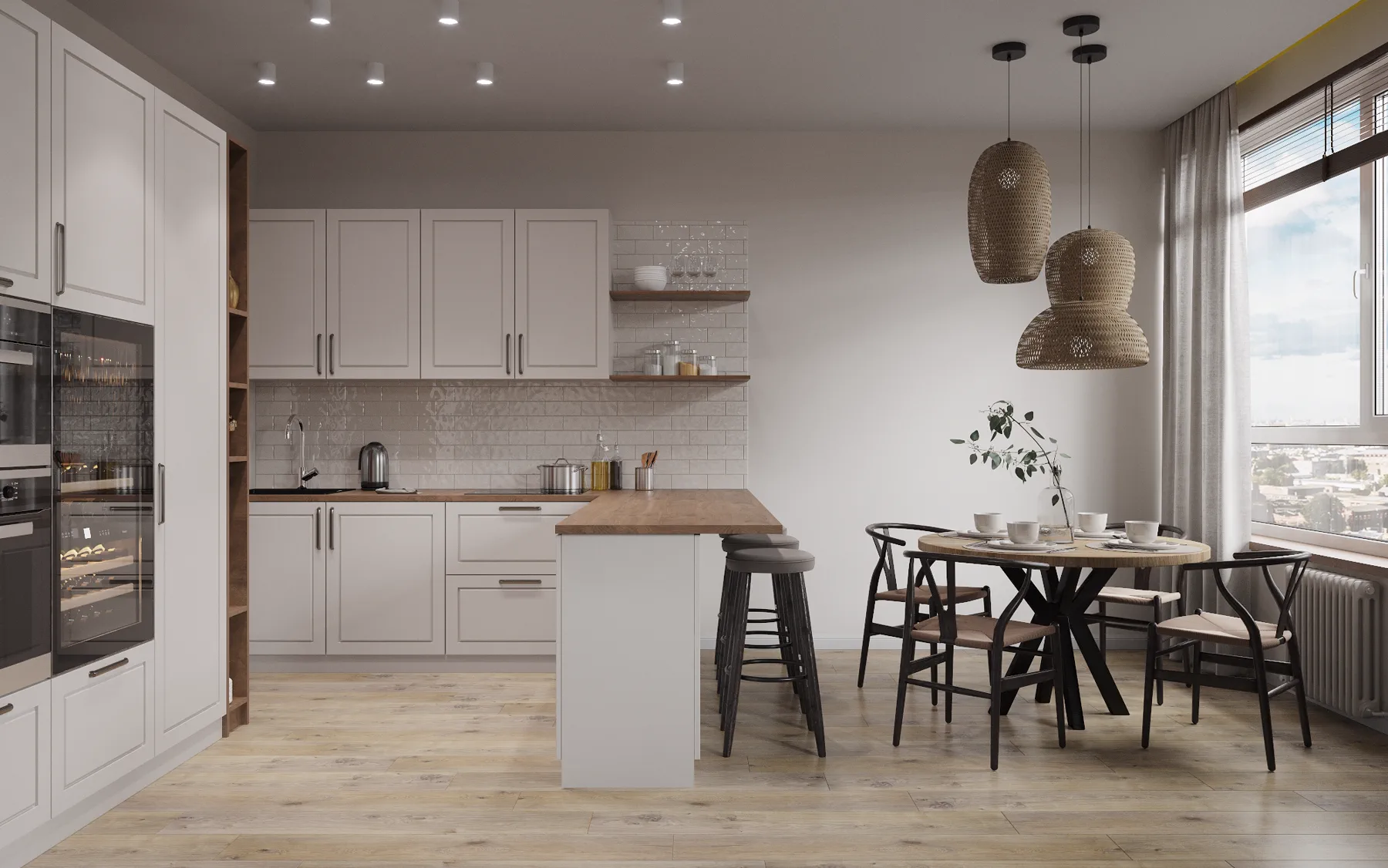 Symbol Bali apartment, kitchen-dining zone with island, round table and pendants, ЖК «Символ», Москва, Россия