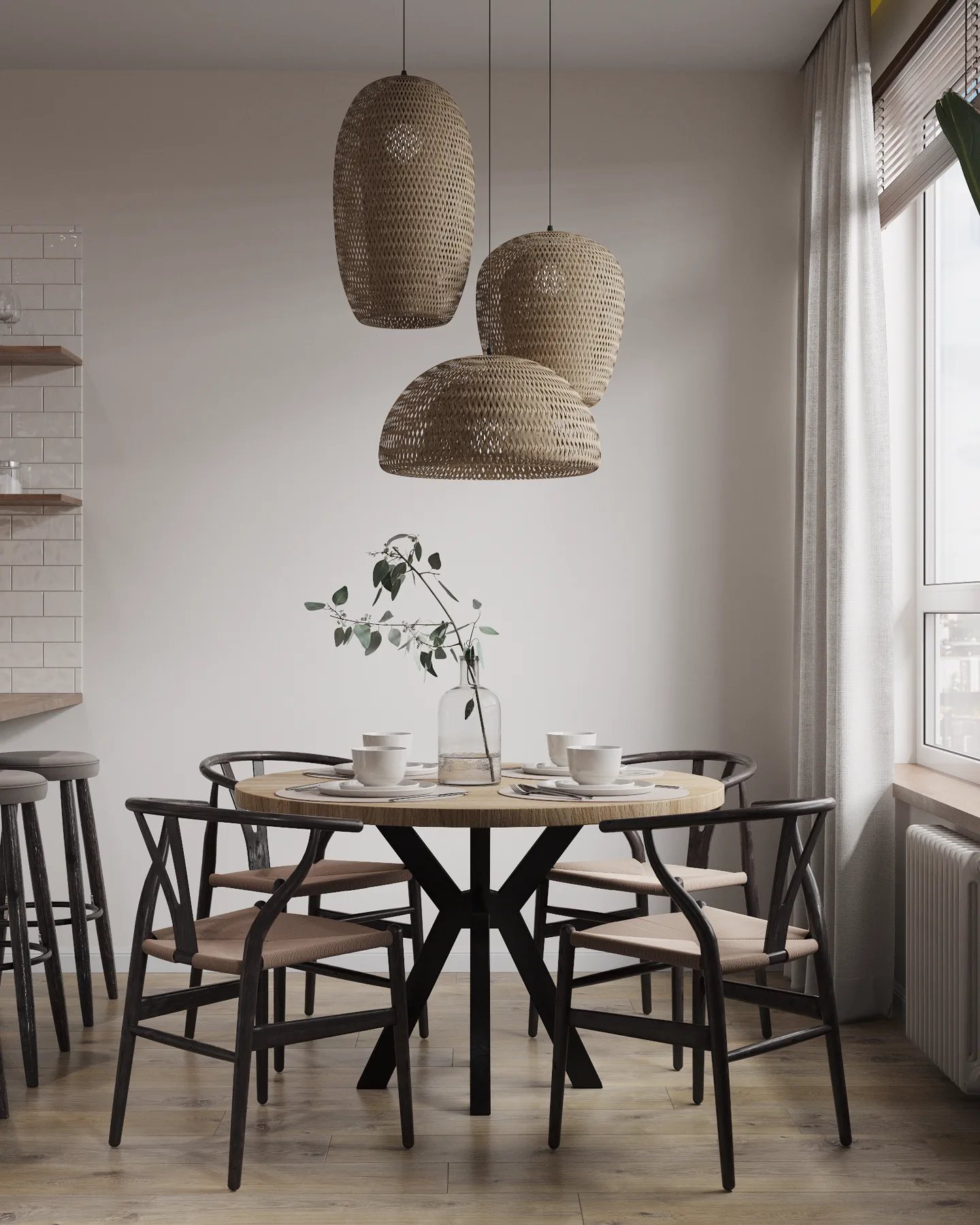 Symbol Bali apartment, round dining table by the window with woven pendant lights, ЖК «Символ», Москва, Россия