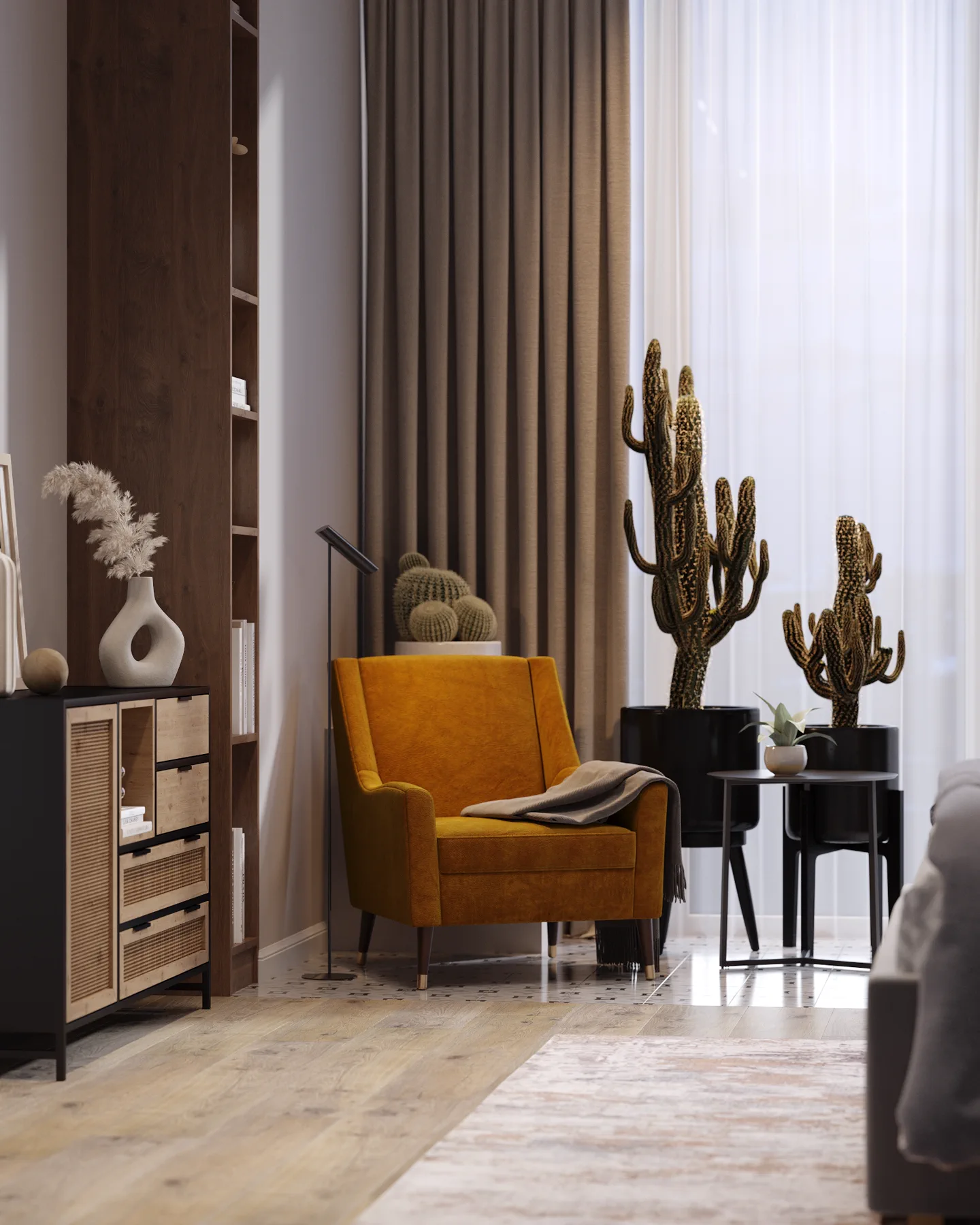 Symbol Bali apartment, accent armchair corner with cacti and decor styling, ЖК «Символ», Москва, Россия