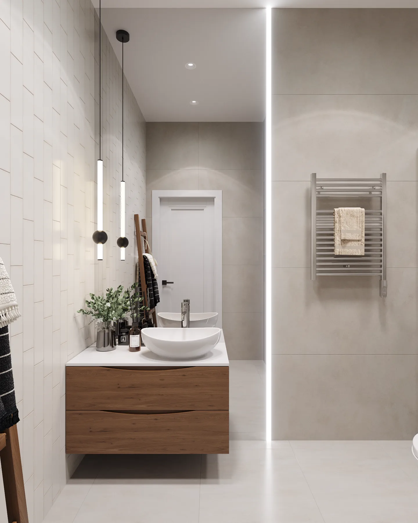 Symbol Bali apartment, bathroom vanity with vertical lights and warm wood cabinet, ЖК «Символ», Москва, Россия