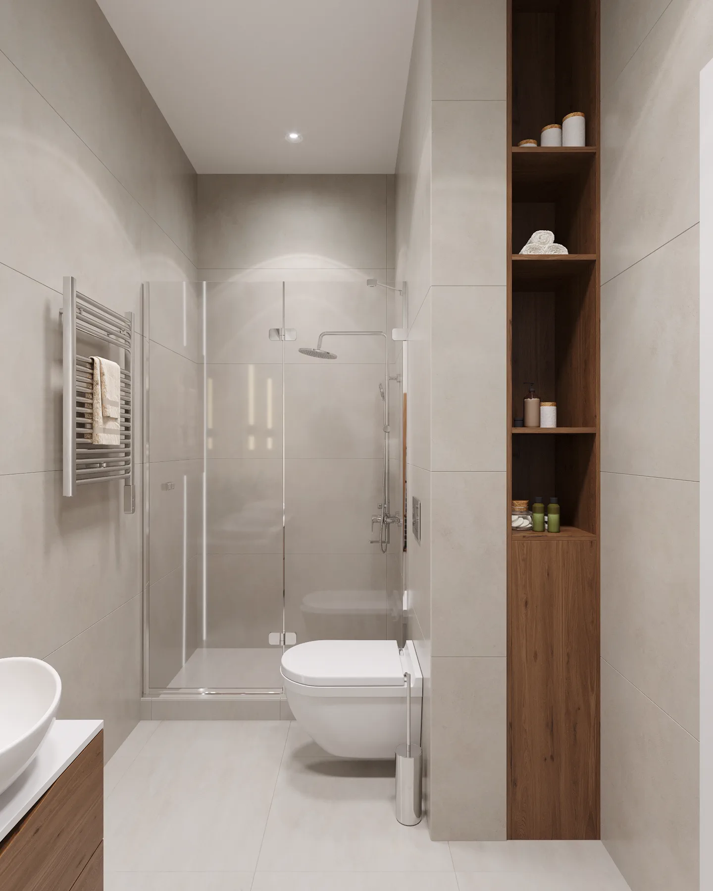 Symbol Bali apartment, bathroom shower zone with glass enclosure and towel rails, ЖК «Символ», Москва, Россия