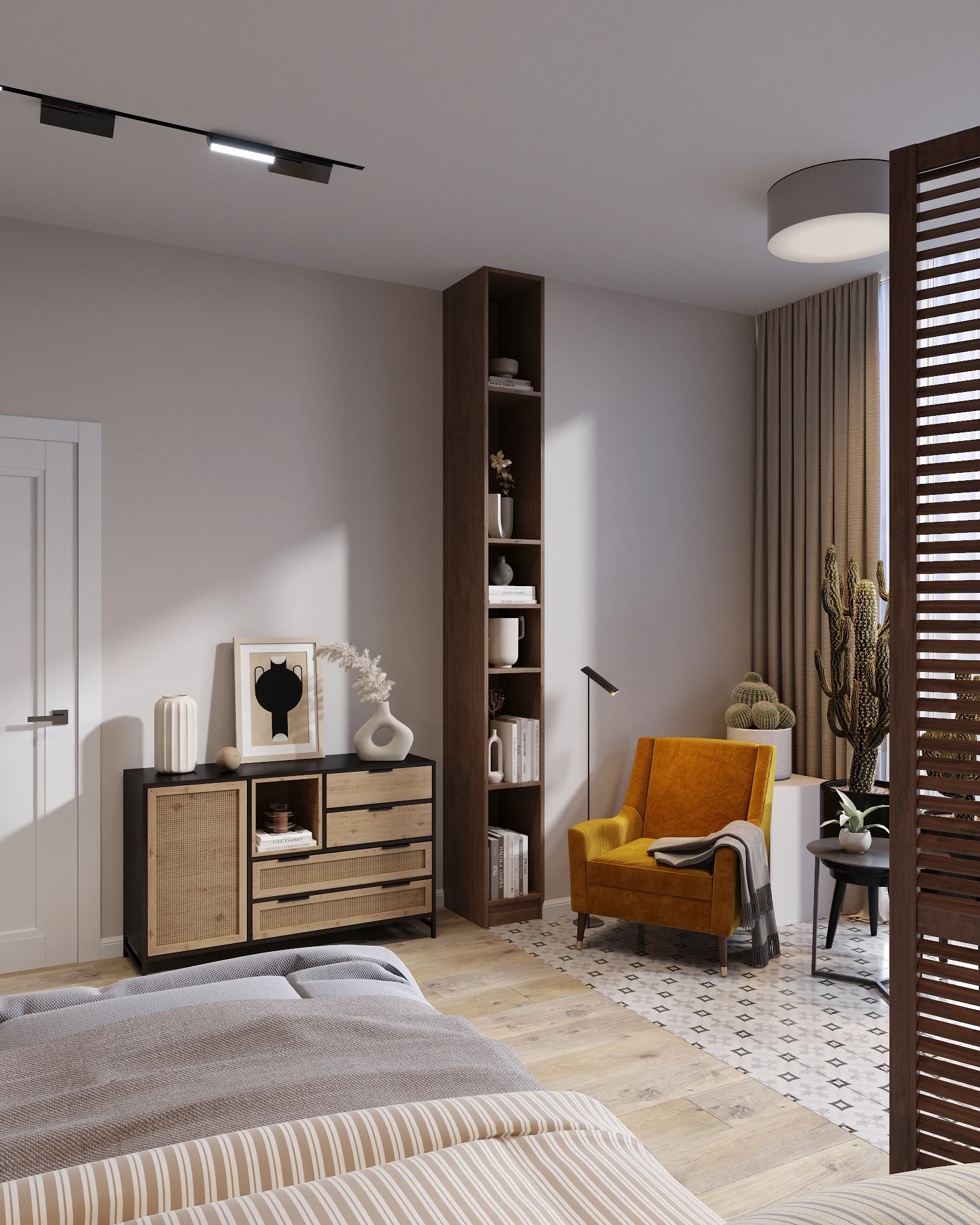 Symbol Bali apartment, bedroom overview with bed, storage and accent chair, ЖК «Символ», Москва, Россия