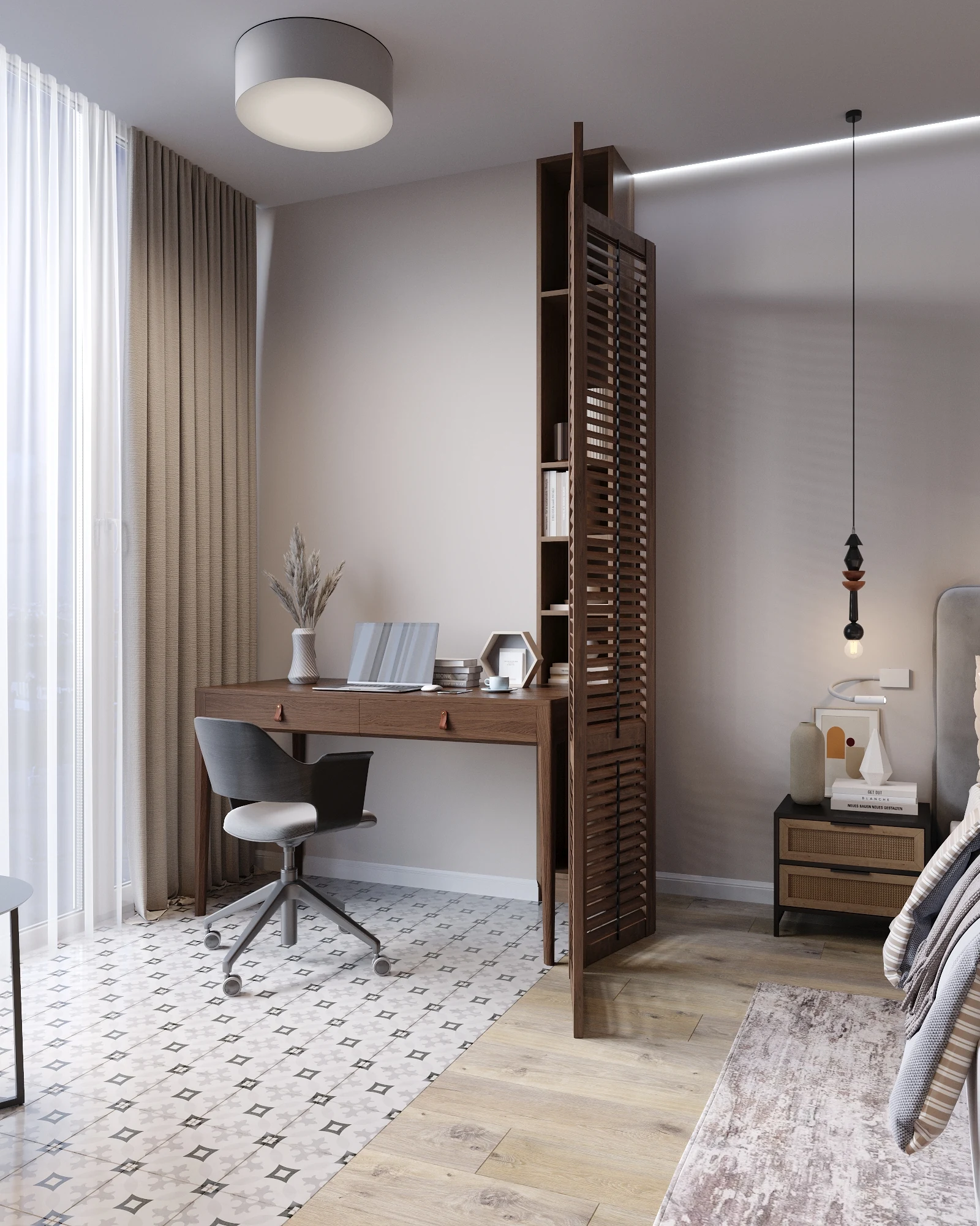 Symbol Bali apartment, bedroom workspace niche with desk and window-side light, ЖК «Символ», Москва, Россия