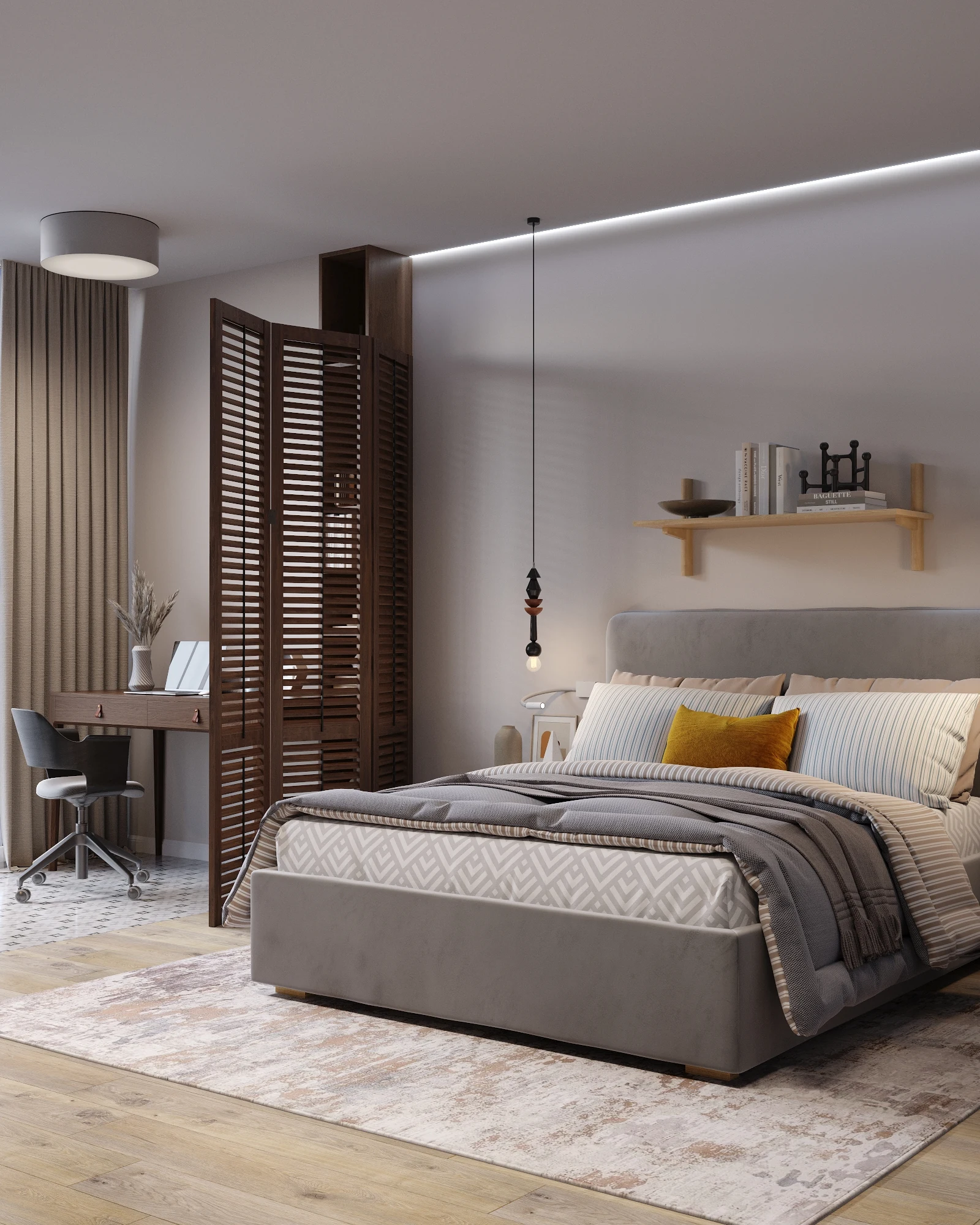 Symbol Bali apartment, bedroom bed view with slatted partition and pendant details, ЖК «Символ», Москва, Россия