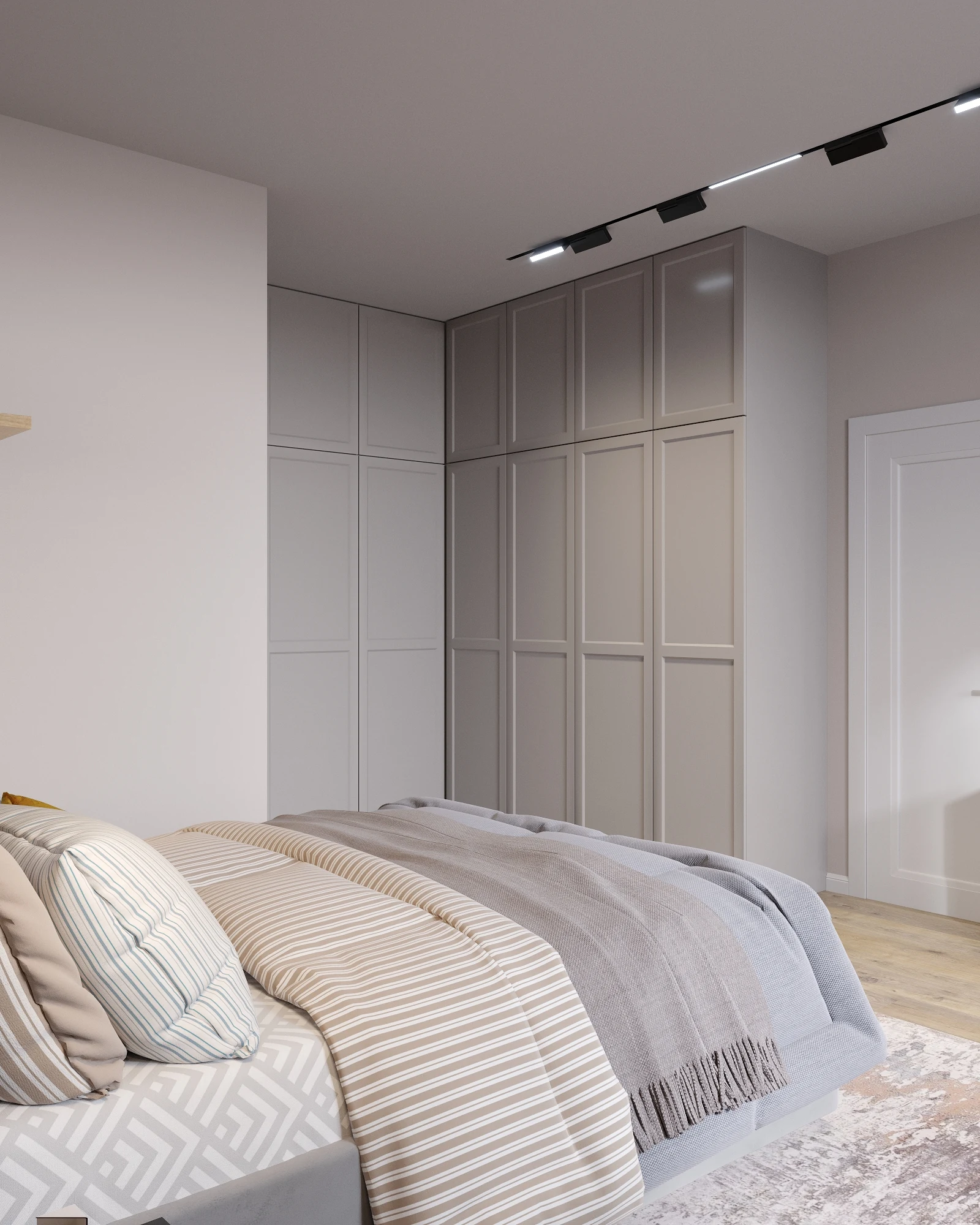 Symbol Bali apartment, bedroom wardrobe wall with integrated storage system, ЖК «Символ», Москва, Россия