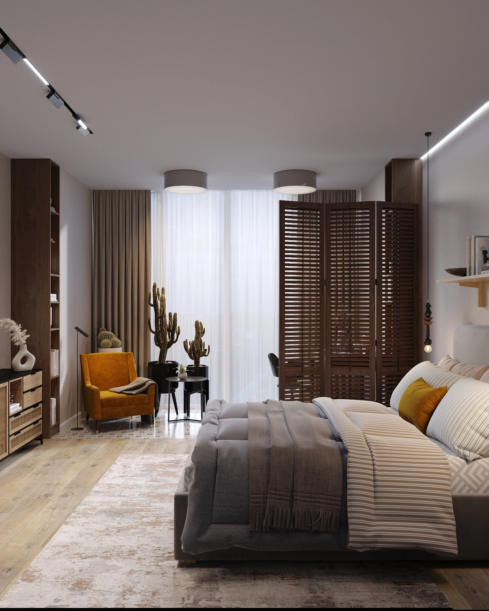 Symbol Bali apartment, bedroom perspective with bed, armchair and partition screen, ЖК «Символ», Москва, Россия