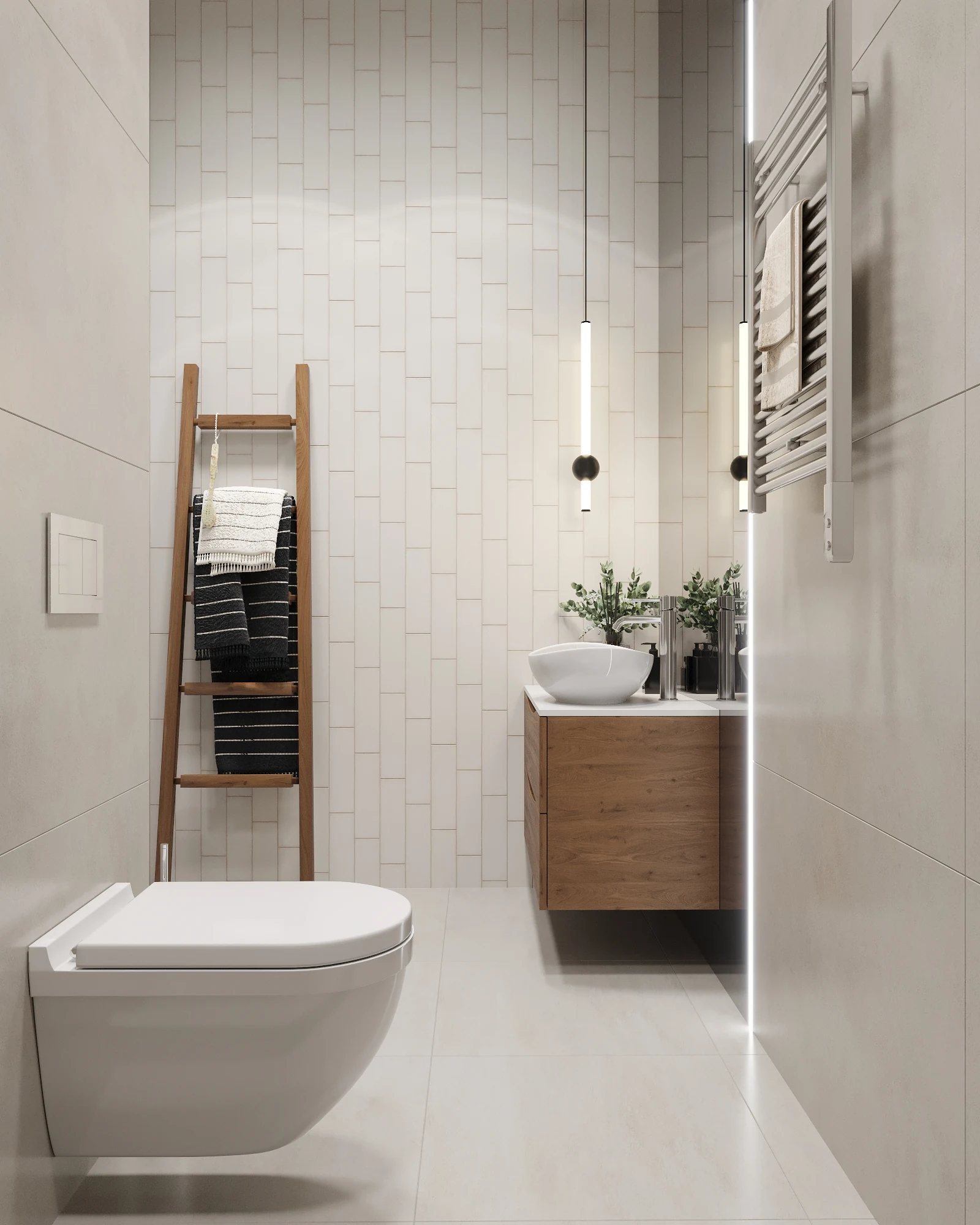 Symbol Bali apartment, bathroom sink zone with towel ladder and textured wall tile, Symbol Residential Complex, Moscow, Russia