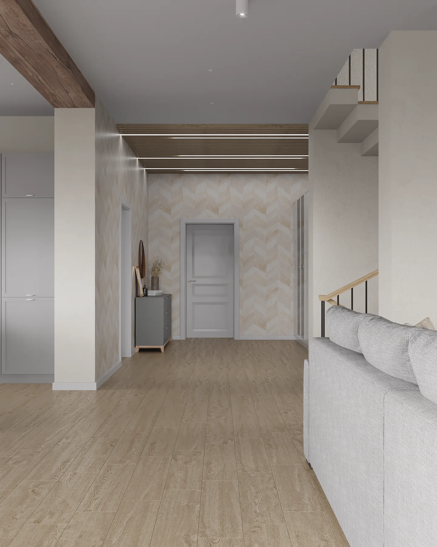 Wheat Ears country house, living room with piano by the staircase, منطقة موسكو، روسيا