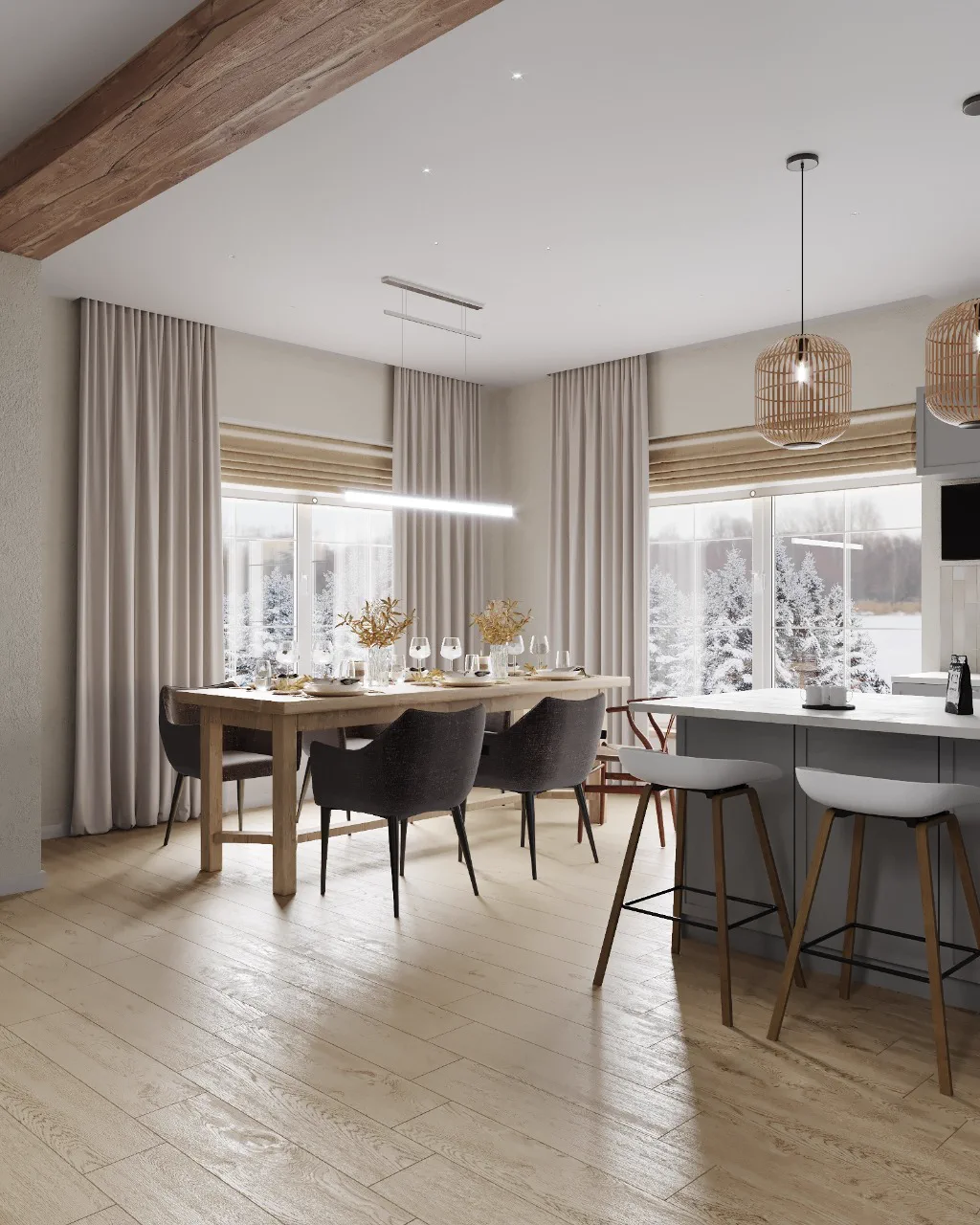 Wheat Ears country house, TV area with wooden console and built-in shelves, منطقة موسكو، روسيا