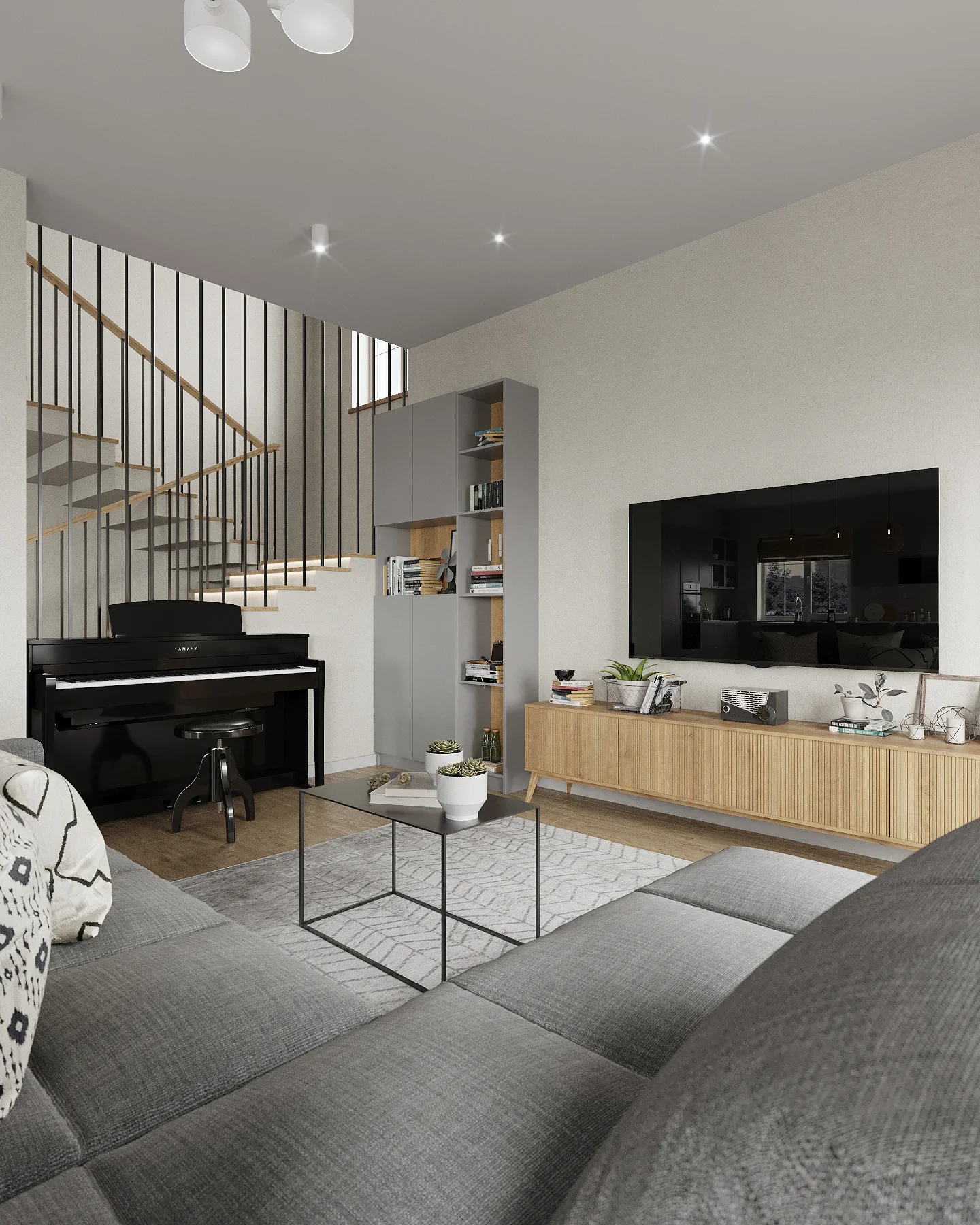 Wheat Ears country house, living room with grey sofa and piano, منطقة موسكو، روسيا