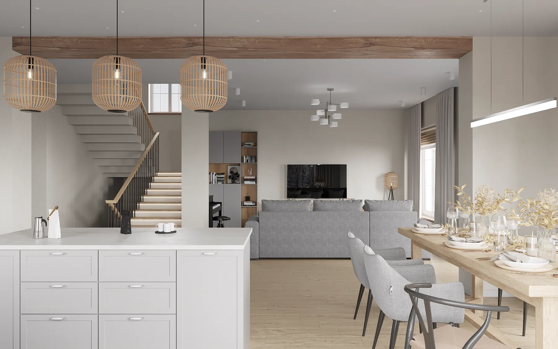 Wheat Ears country house, entrance hall with wheat-pattern wallpaper and wooden console, منطقة موسكو، روسيا