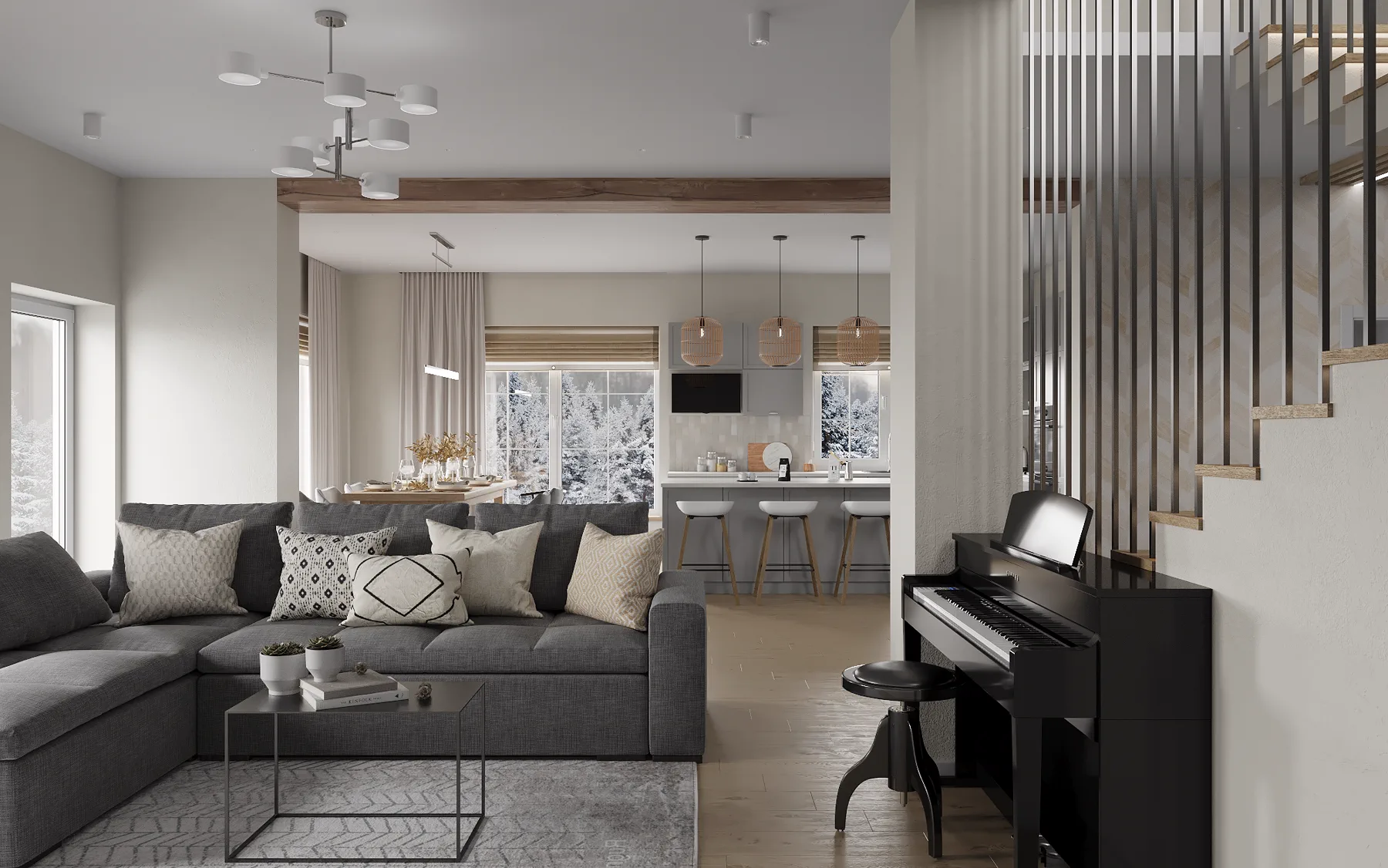 Wheat Ears country house, kitchen with grey cabinets and white subway tile, منطقة موسكو، روسيا