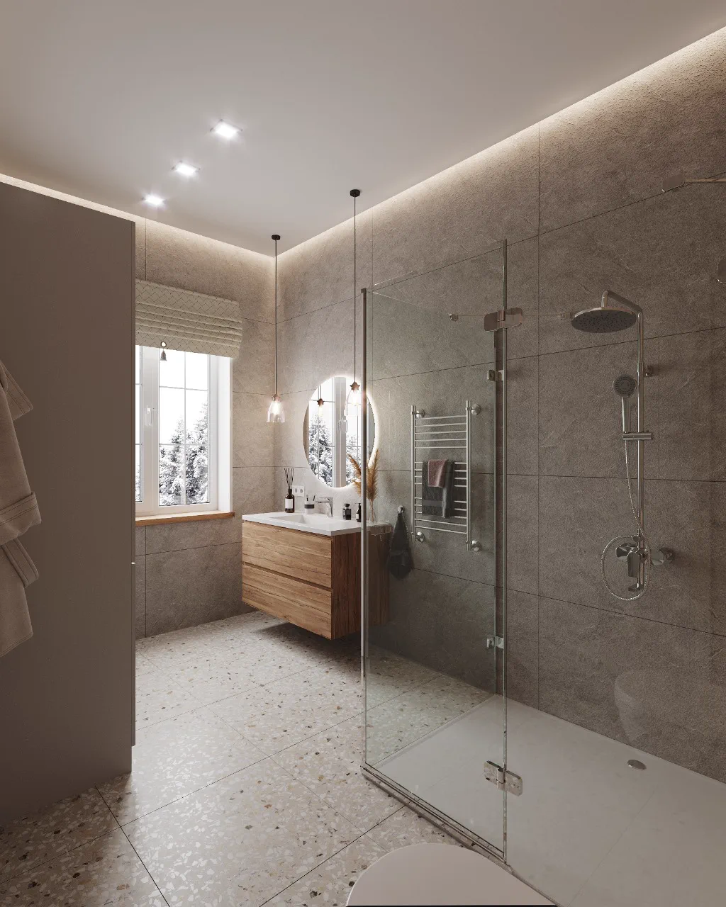 Wheat Ears country house, bathroom with grey tiles and wooden vanity, منطقة موسكو، روسيا