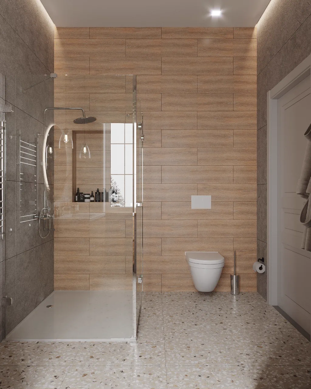 Wheat Ears country house, bathroom with wood-look tile and shower, منطقة موسكو، روسيا