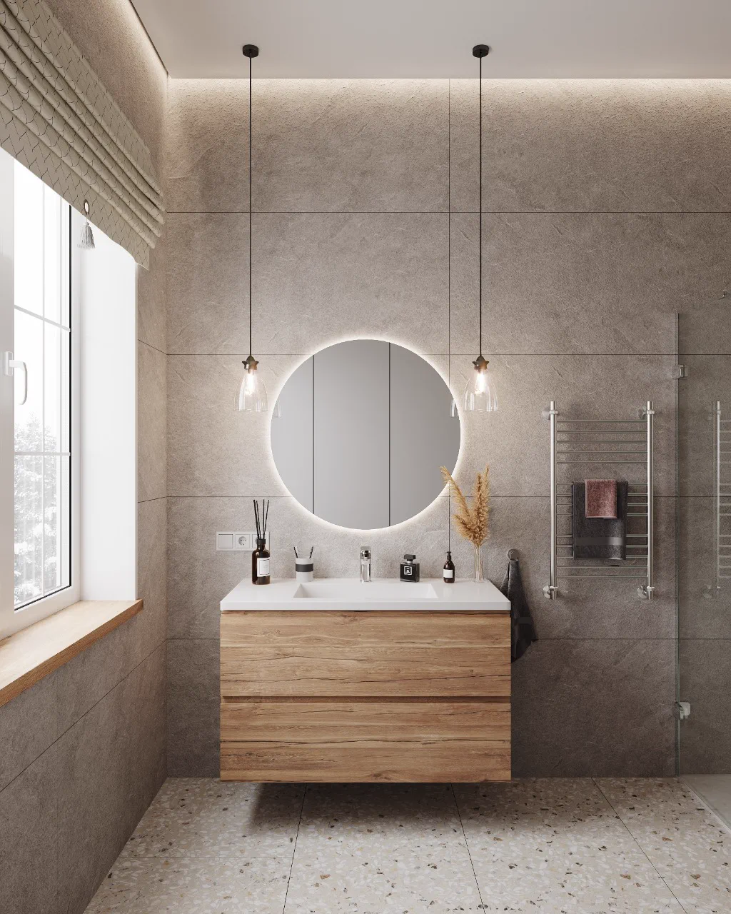 Wheat Ears country house, bathroom with backlit round mirror, منطقة موسكو، روسيا