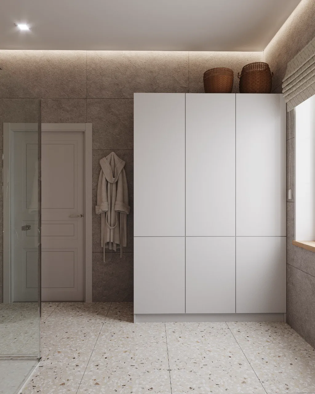 Wheat Ears country house, bathroom with white wardrobe and wicker baskets, منطقة موسكو، روسيا