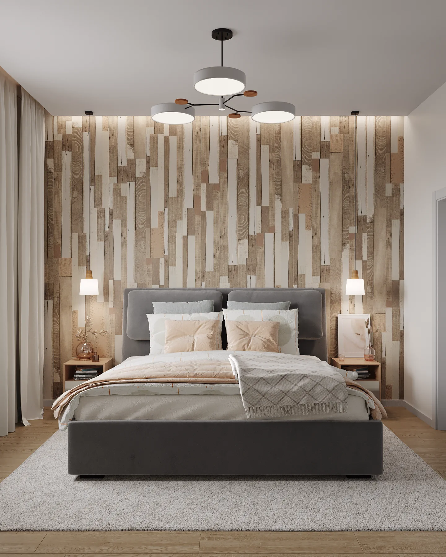 Wheat Ears country house, master bedroom with patchwork wood accent wall, منطقة موسكو، روسيا