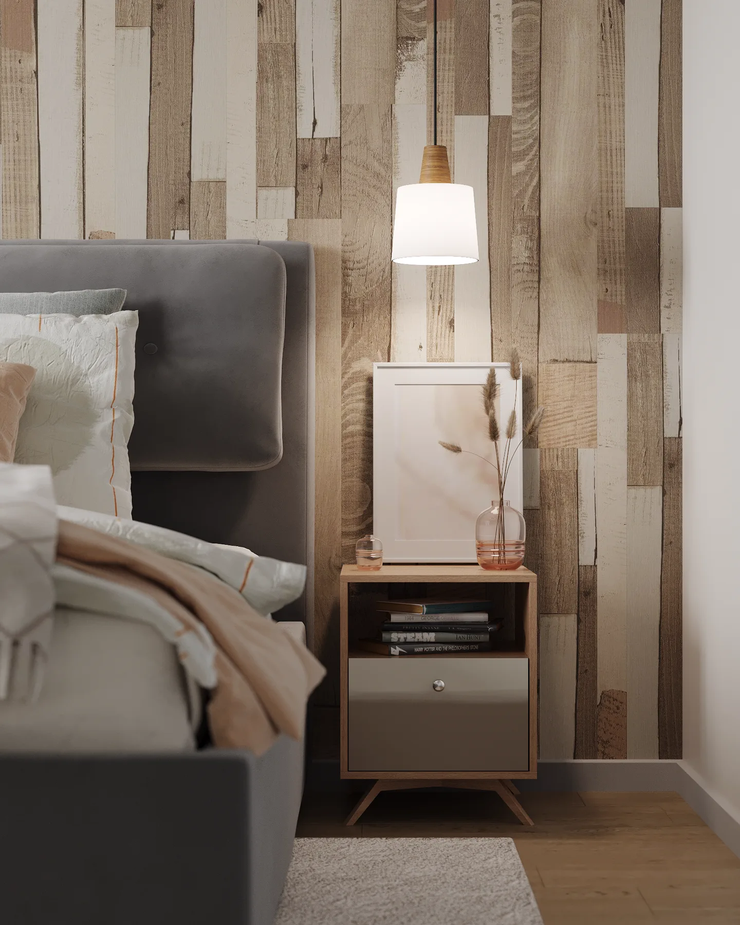 Wheat Ears country house, bedside table detail with wheat art print, منطقة موسكو، روسيا