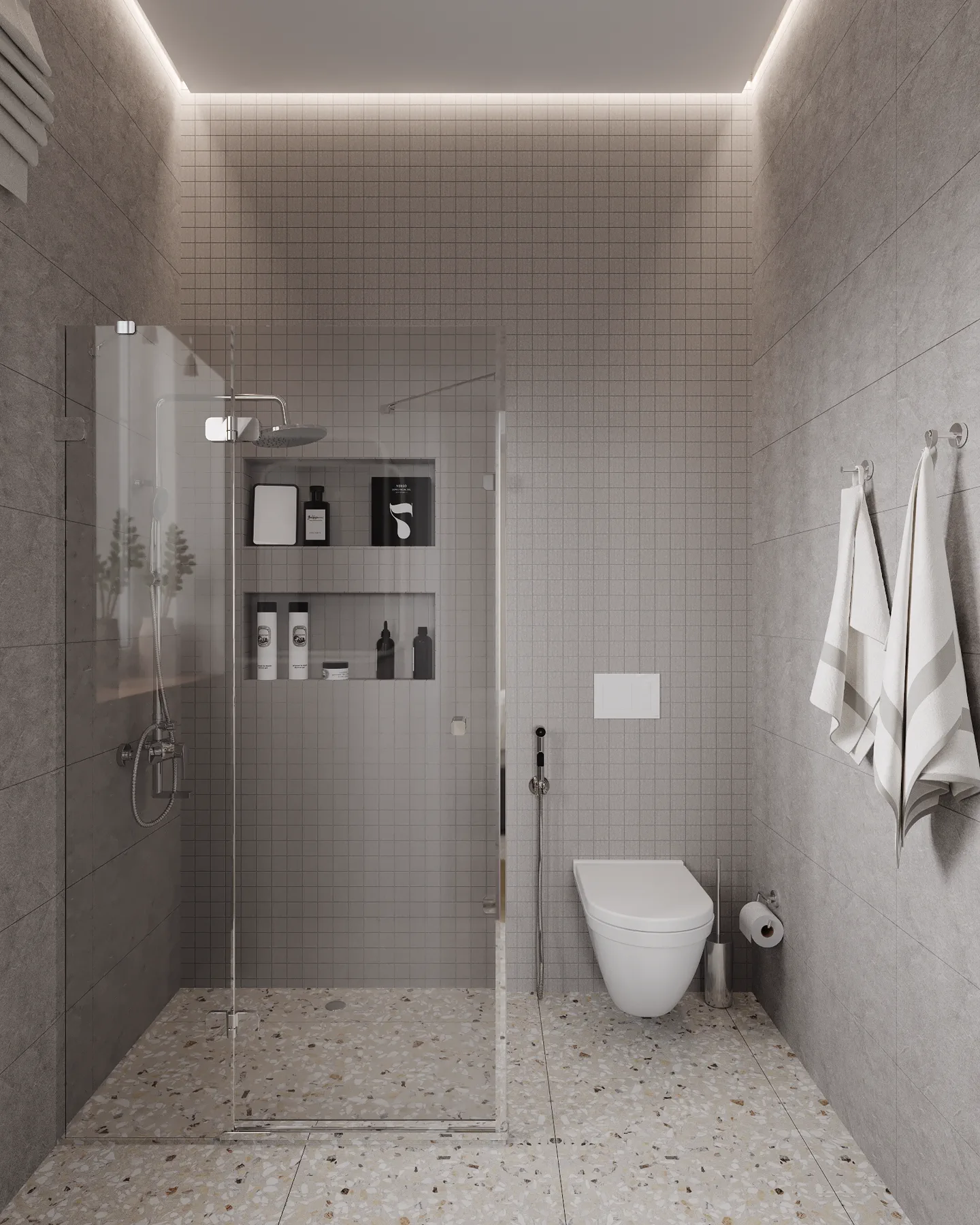 Wheat Ears country house, shower with small grey tiles, منطقة موسكو، روسيا