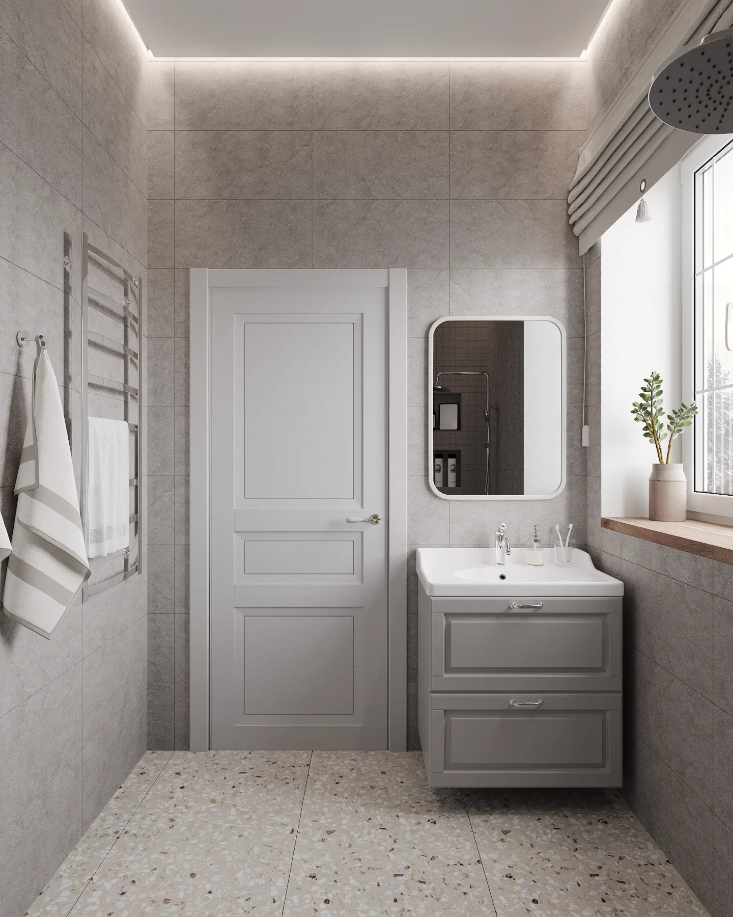 Wheat Ears country house, bathroom with grey vanity and white door, منطقة موسكو، روسيا