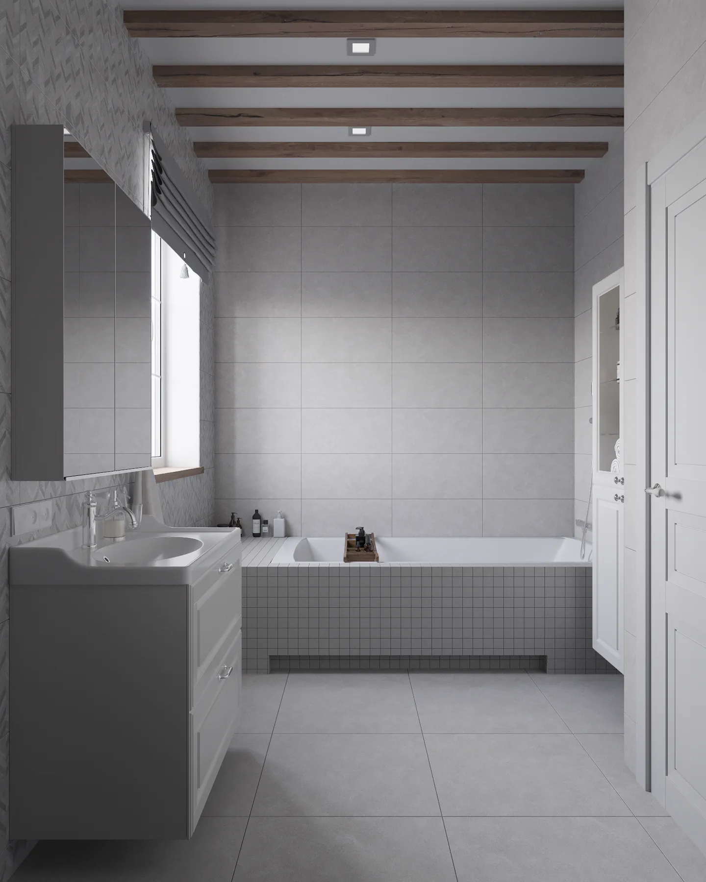 Wheat Ears country house, bathroom with bathtub and wooden ceiling beams, منطقة موسكو، روسيا