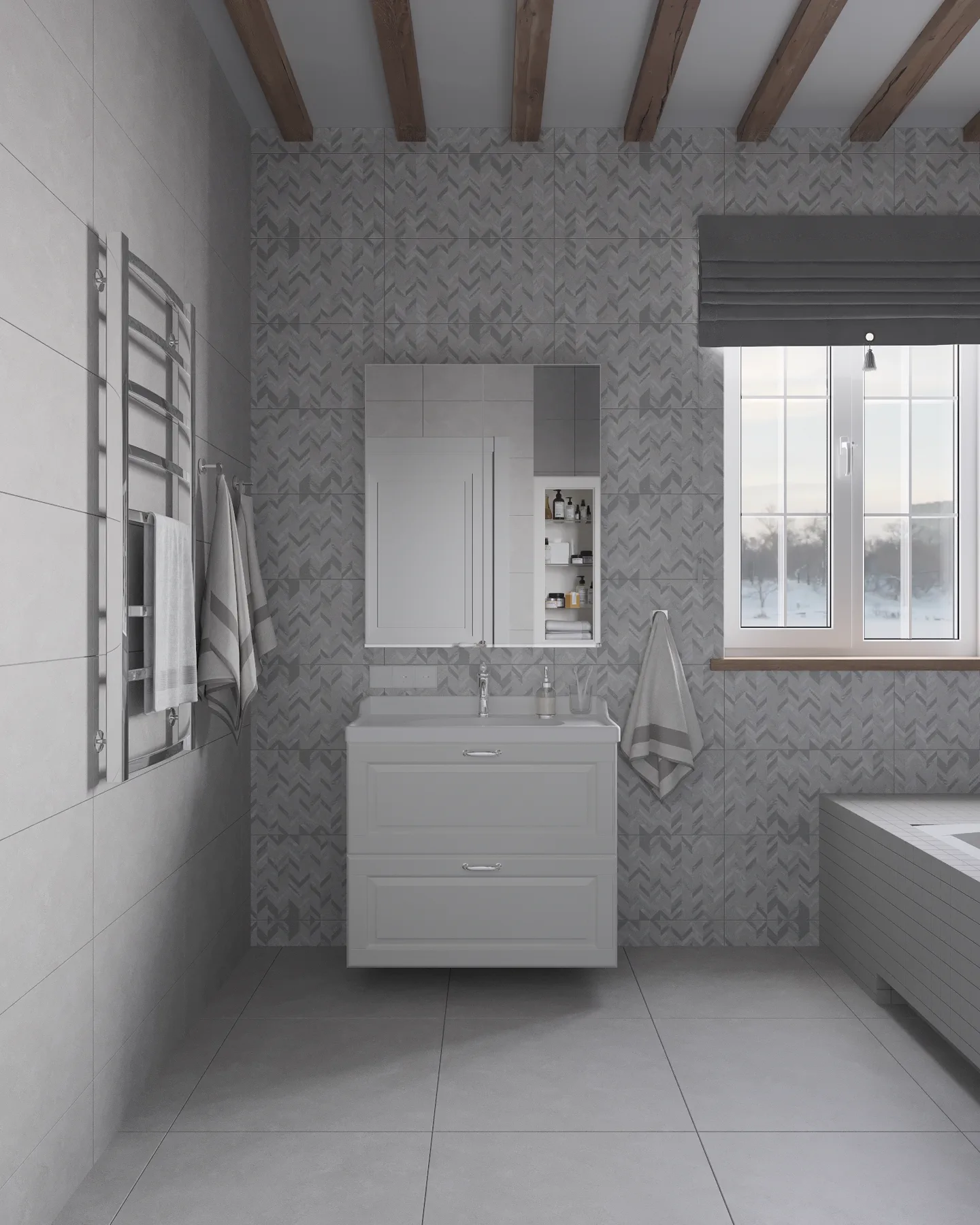 Wheat Ears country house, bathroom with patterned tiles and white vanity, منطقة موسكو، روسيا